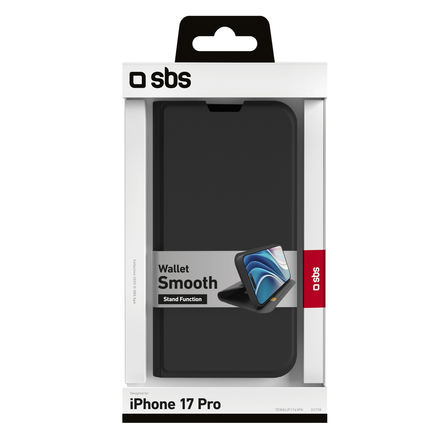 Een telefoonhoesverpakking. De zwarte hoes zit in een witte doos. De merknaam is SBS. De telefoon is iPhone 17 Pro.