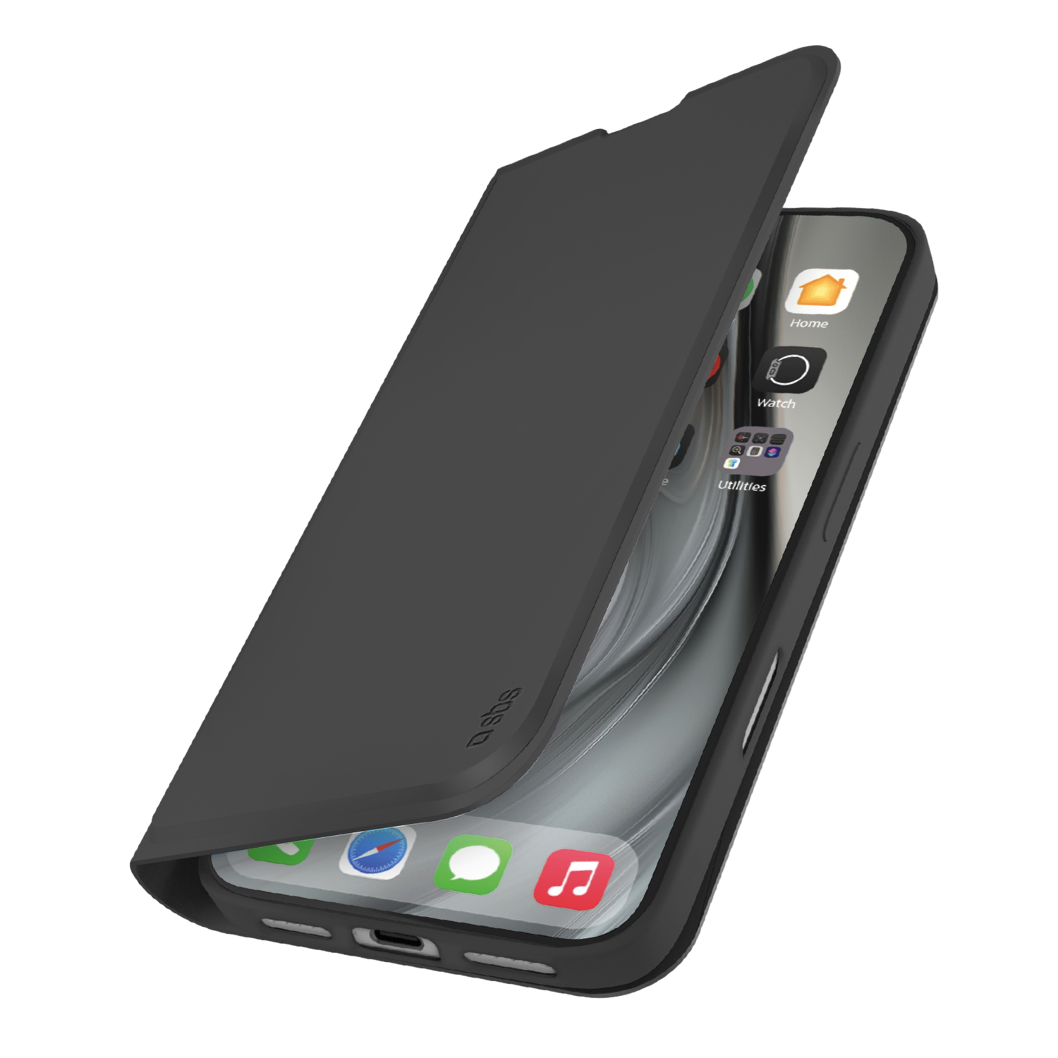 Een zwarte telefoonhoes, gedeeltelijk open, onthult een iPhone met app-iconen. De achtergrond is donker.