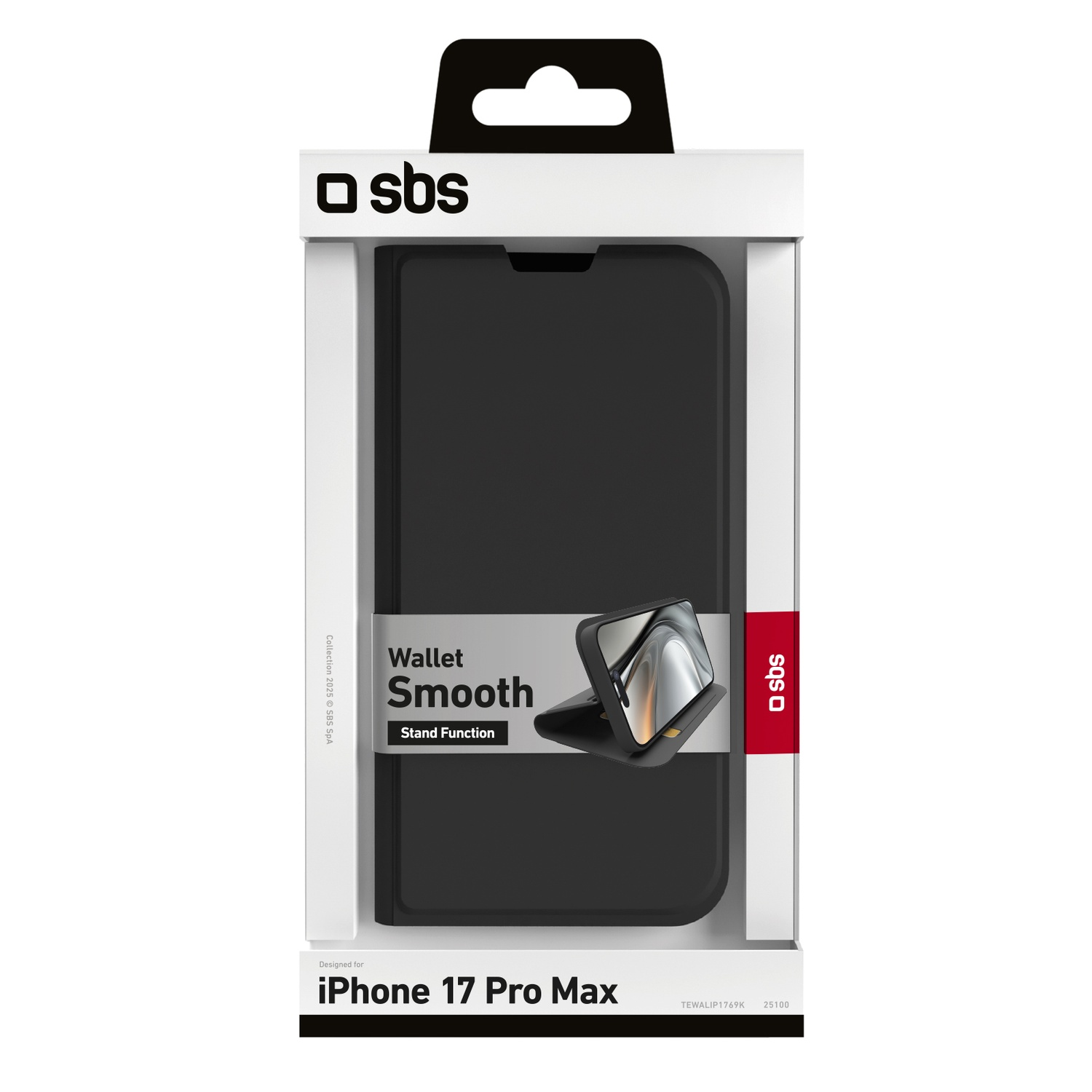 Een zwarte iPhone 17 Pro Max wallet case in een witte doos. Kenmerken zijn een standfunctie en het SBS-logo. De doos is gelabeld.