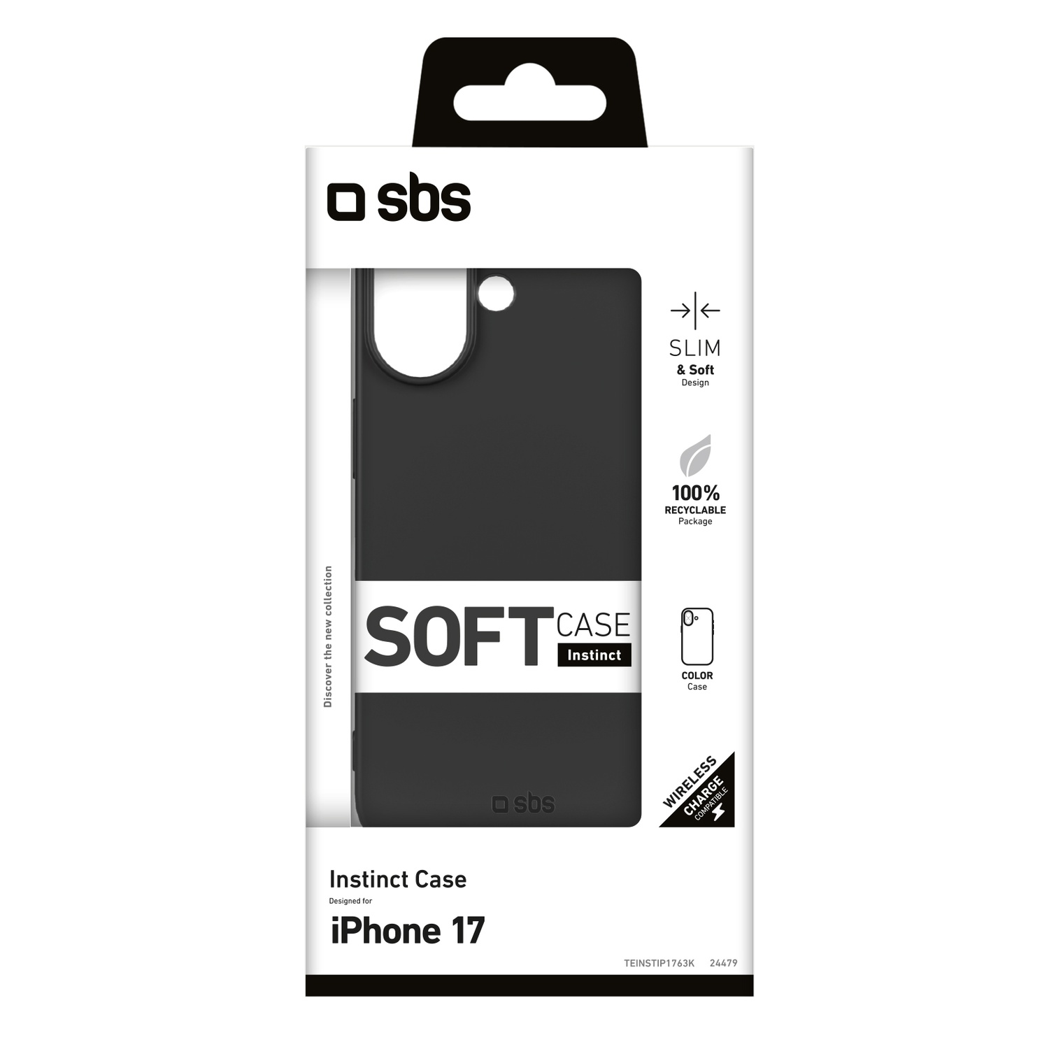 Un étui noir pour iPhone 17 dans une boîte blanche. La boîte porte le logo SBS, du texte sur le design fin et le chargement sans fil.