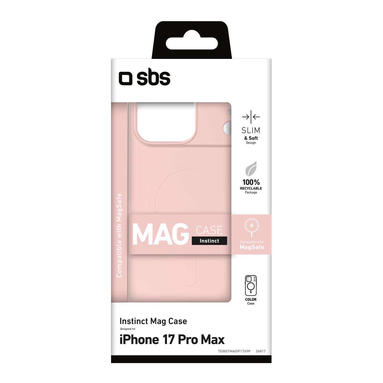 Un étui rose pour iPhone dans une boîte blanche avec des détails noirs. Le texte comprend 'sbs', 'Mag Case', 'iPhone 17 Pro Max' et 'Compatible with MagSafe'.