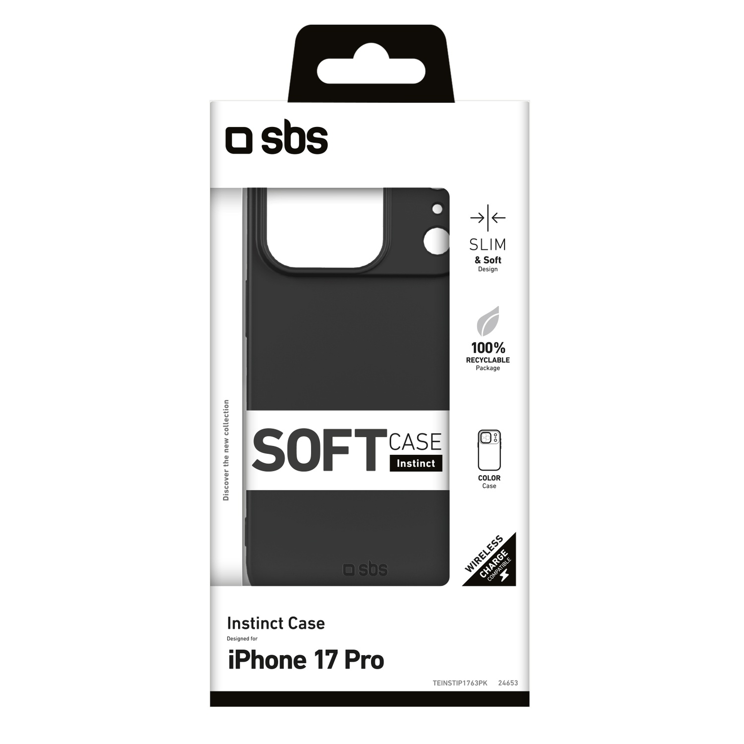 Zwarte telefoonhoes voor iPhone 17 Pro. Verpakking met 'sbs' logo en tekst 'SOFT CASE'. Inclusief draadloos opladen compatibiliteit.