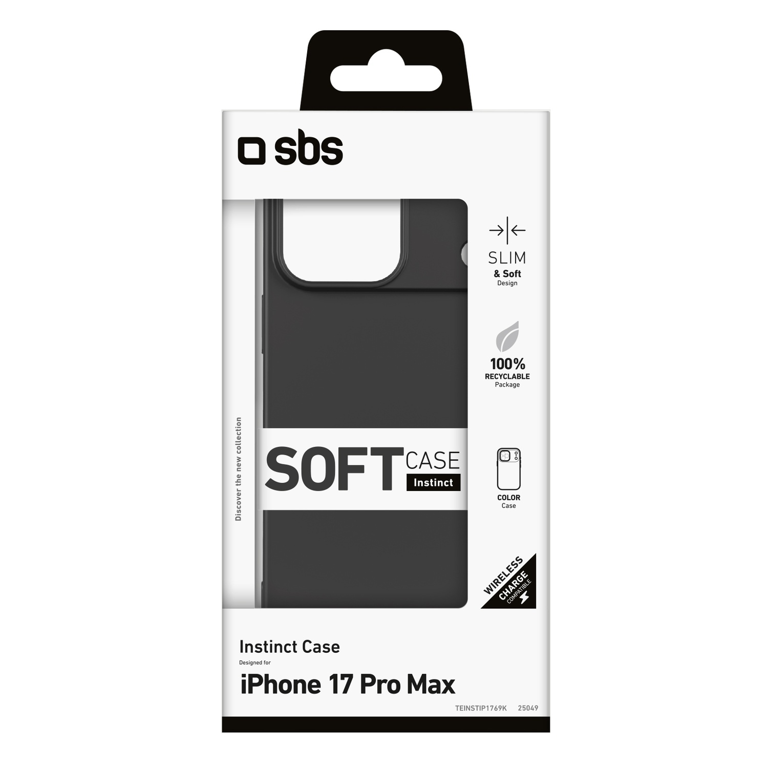 Een zwarte telefoonhoes in een wit en zwarte doos. De doos heeft het merk SBS, de productnaam is Instinct Case en voor iPhone 17 Pro Max.