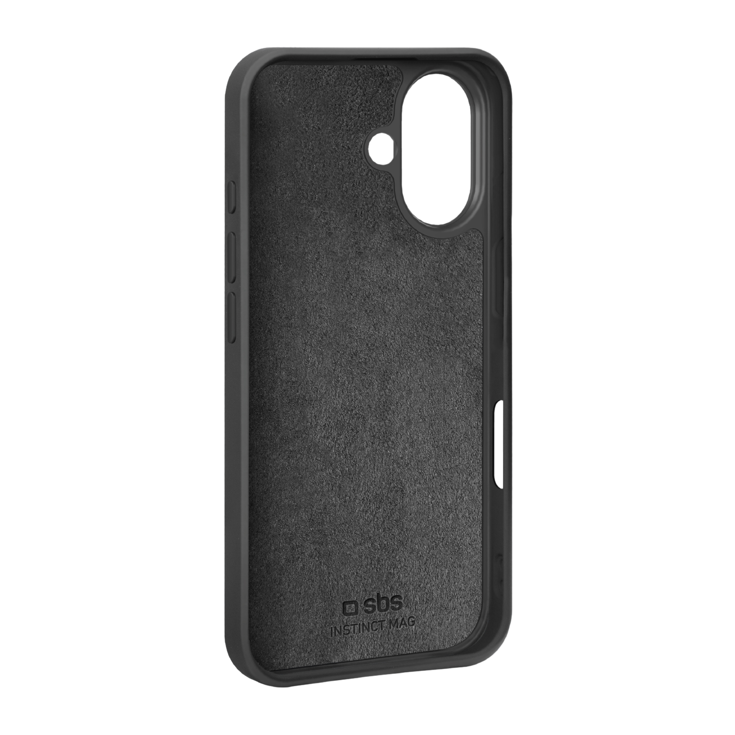 Een zwarte telefoonhoes met een getextureerd interieur. De hoes heeft uitsparingen voor de camera en knoppen. De merknaam 'sbs' is zichtbaar.