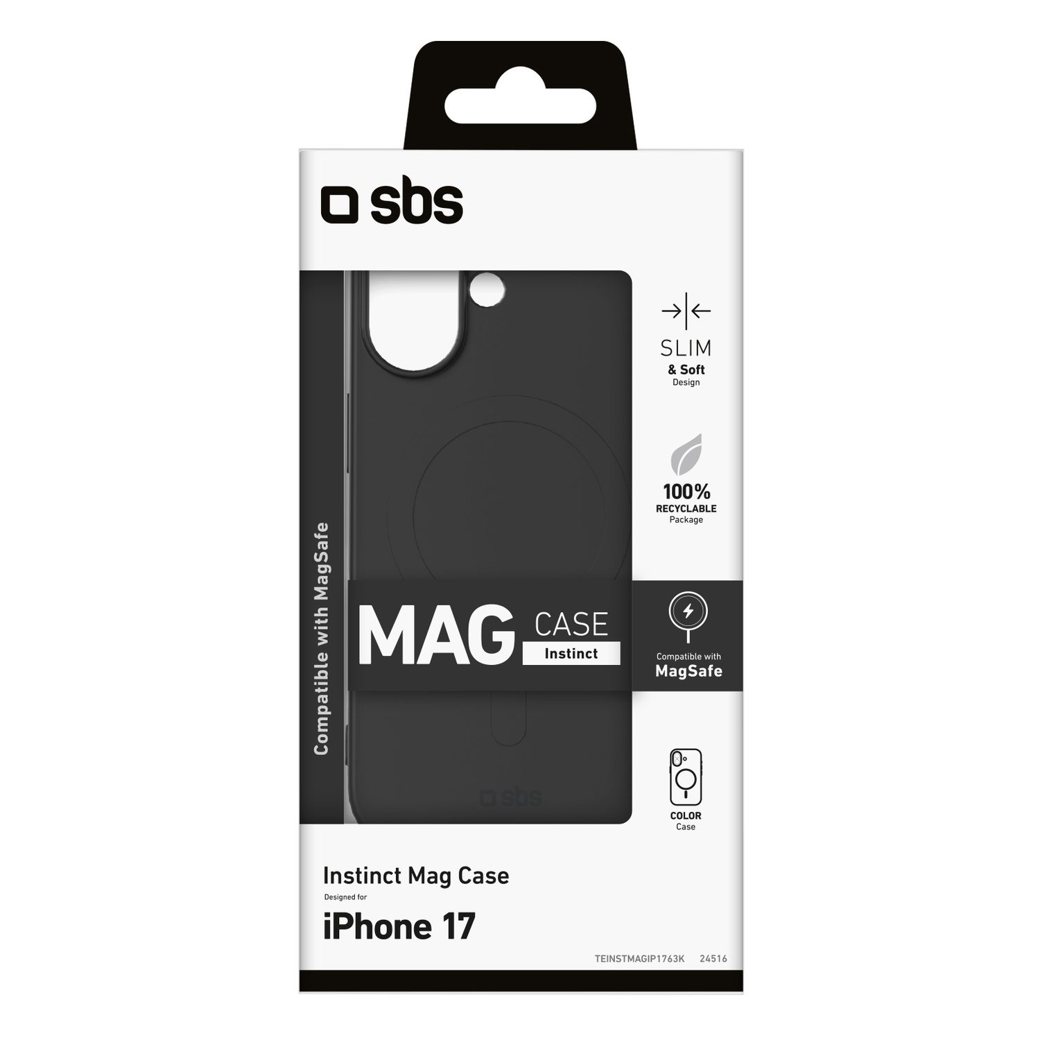 Een telefoonhoes verpakking. De zwarte hoes is zichtbaar in de witte verpakking. Het heeft het 'sbs' logo en de tekst 'MAG CASE' en 'iPhone 17'.