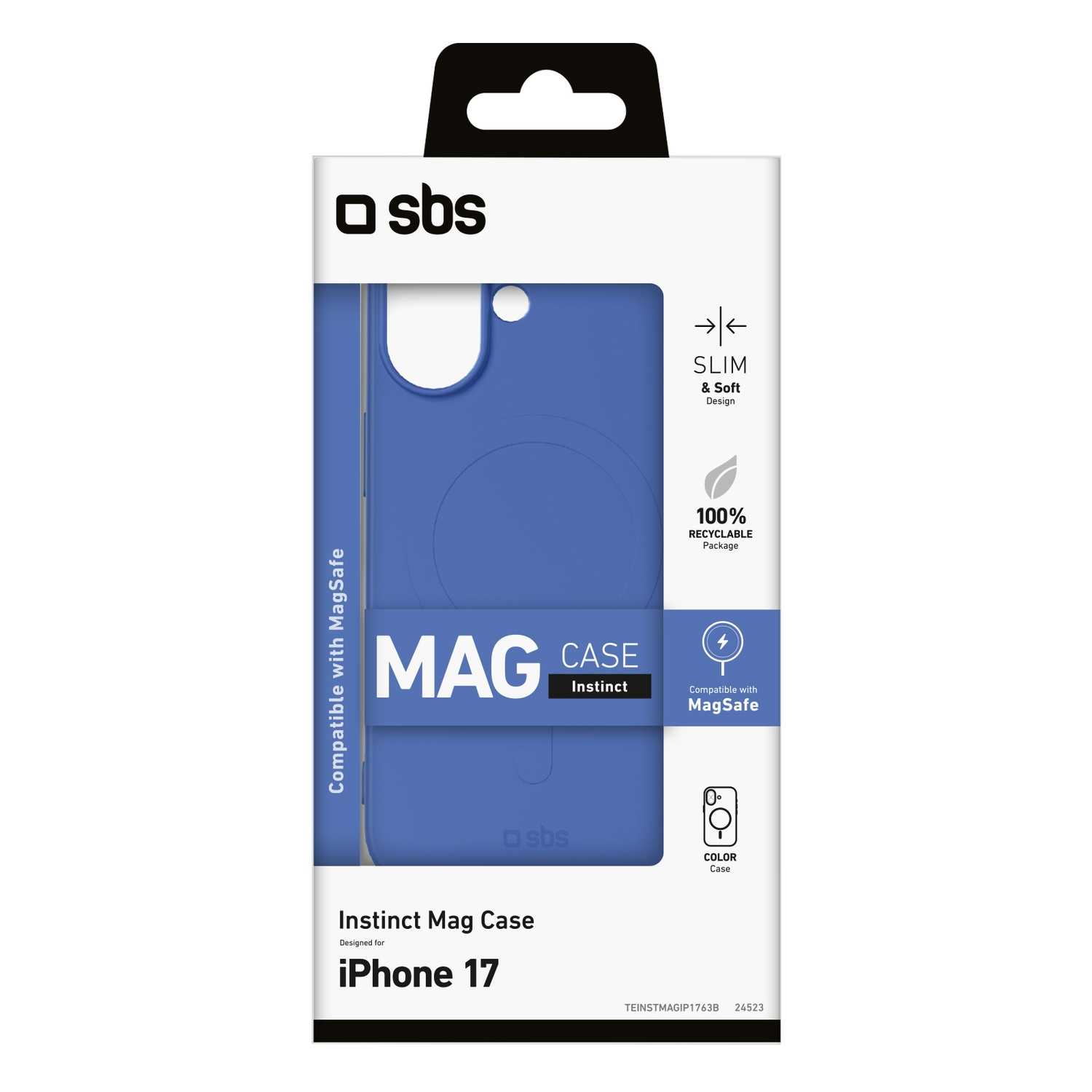 Een blauwe iPhone 17-hoesverpakking met MagSafe-compatibiliteit. Merk is sbs. De hoes is slank en zacht. De verpakking is 100% recyclebaar.