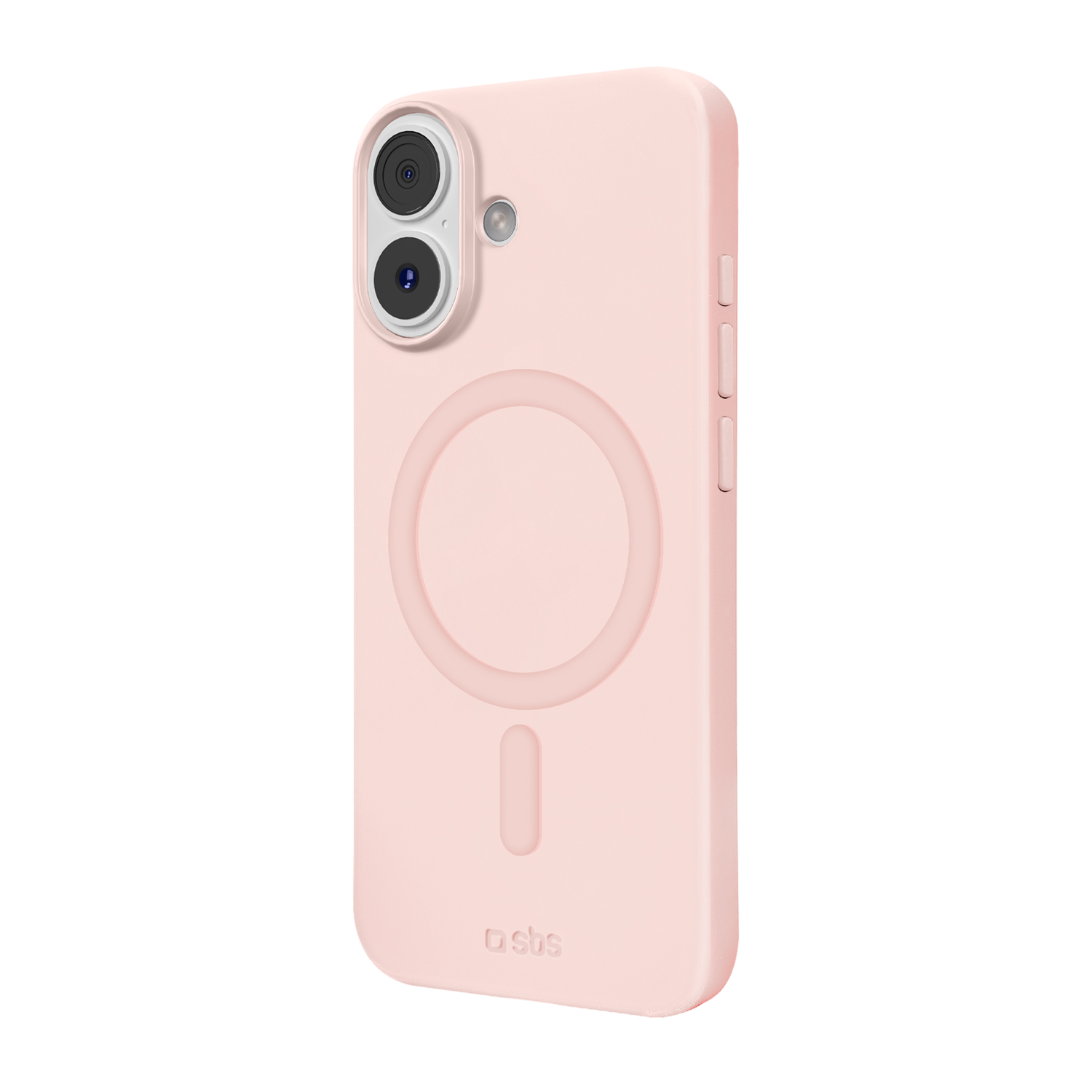 Une coque de téléphone rose clair avec des détails de caméra et des boutons latéraux. La coque présente un design circulaire et une ouverture pour la charge.