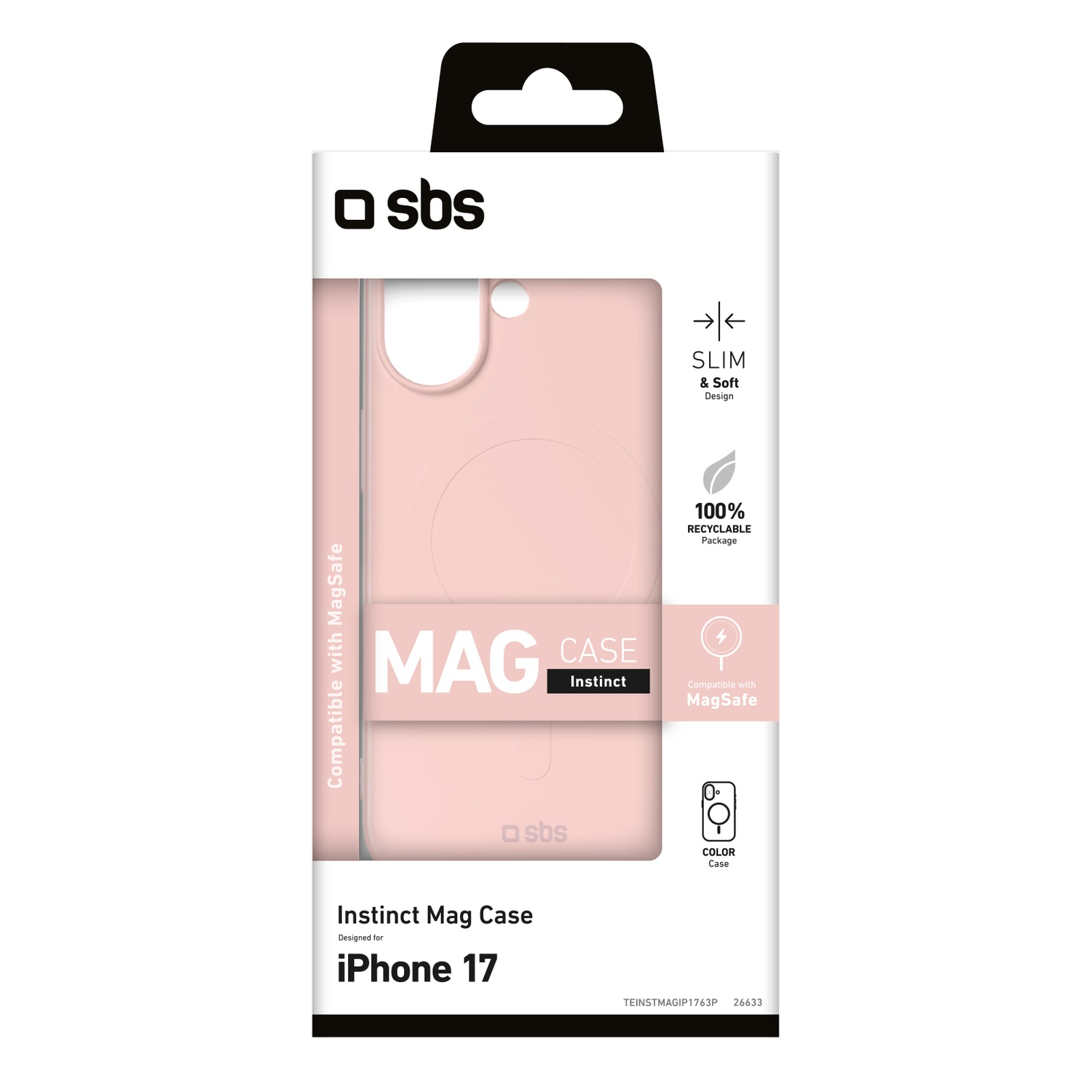 Un étui rose pour iPhone 17 dans un emballage noir et blanc. Le texte comprend 'MAG CASE Instinct' et 'Compatible with MagSafe'.