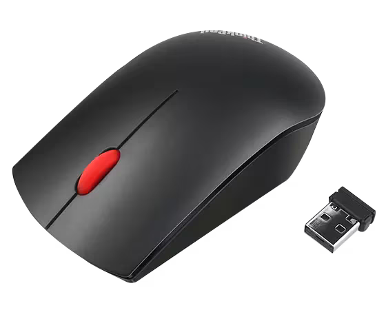 Fekete ThinkPad vezeték nélküli egér piros görgetőgombbal és USB-vevővel. Az egér fehér háttéren van.