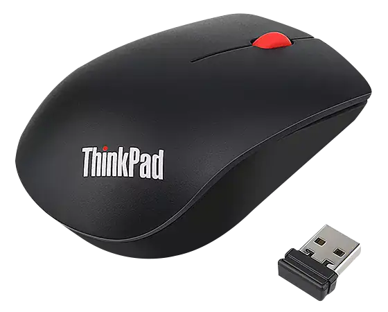 Egy fekete ThinkPad egér piros görgővel. Egy USB-vevőegység van mellette. A háttér fekete.