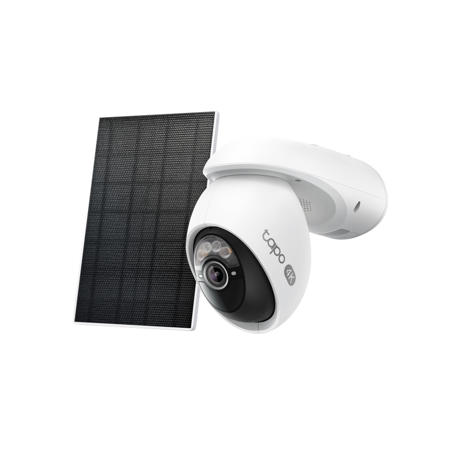 Caméra de sécurité Tapo 4K blanche avec un panneau solaire noir. La caméra est à droite, le panneau à gauche, les deux sur fond blanc.