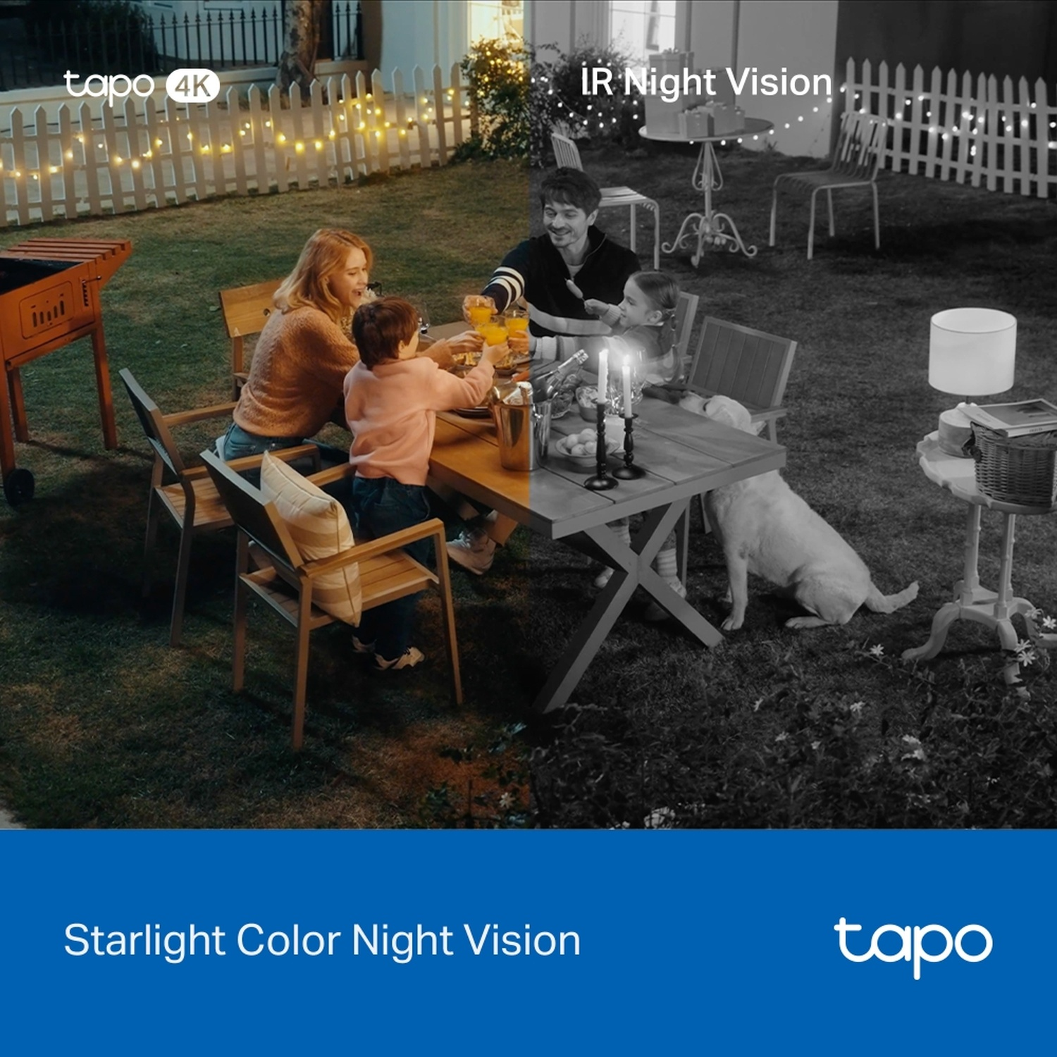 Famille à table dans le jardin. Vision couleur à gauche, vision nocturne IR à droite. Chien, clôture, nourriture et lumières.