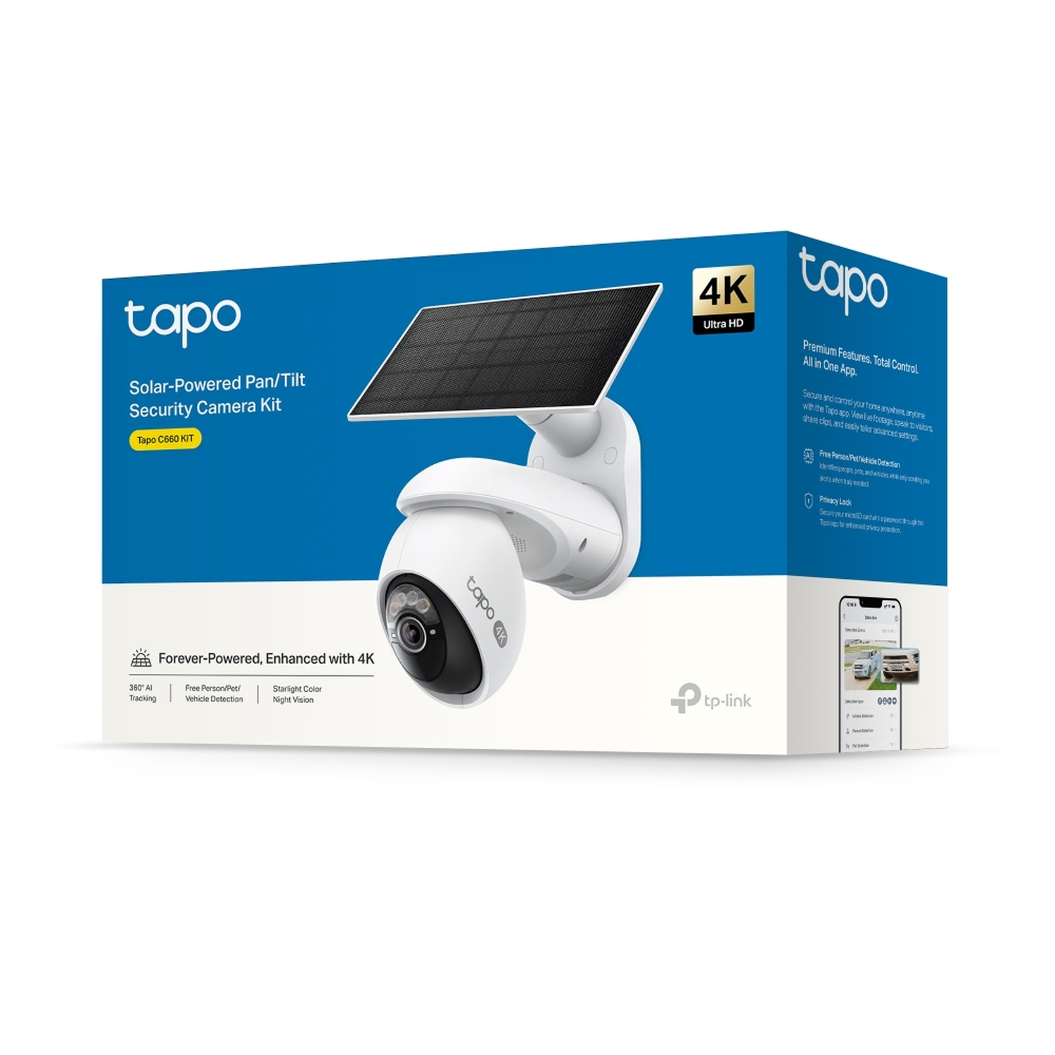 Un kit de caméra de sécurité Tapo blanc avec panneau solaire. Comprend 4K, suivi à 360° et vision nocturne.