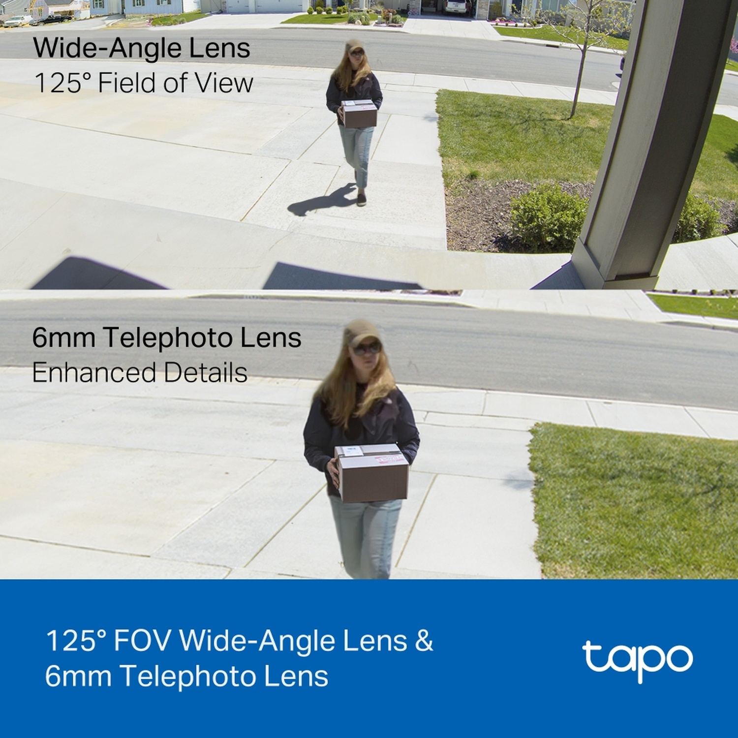 Une femme porte un carton sur un trottoir. Des maisons et de l'herbe verte sont en arrière-plan. L'image montre des vues grand angle et téléobjectif.