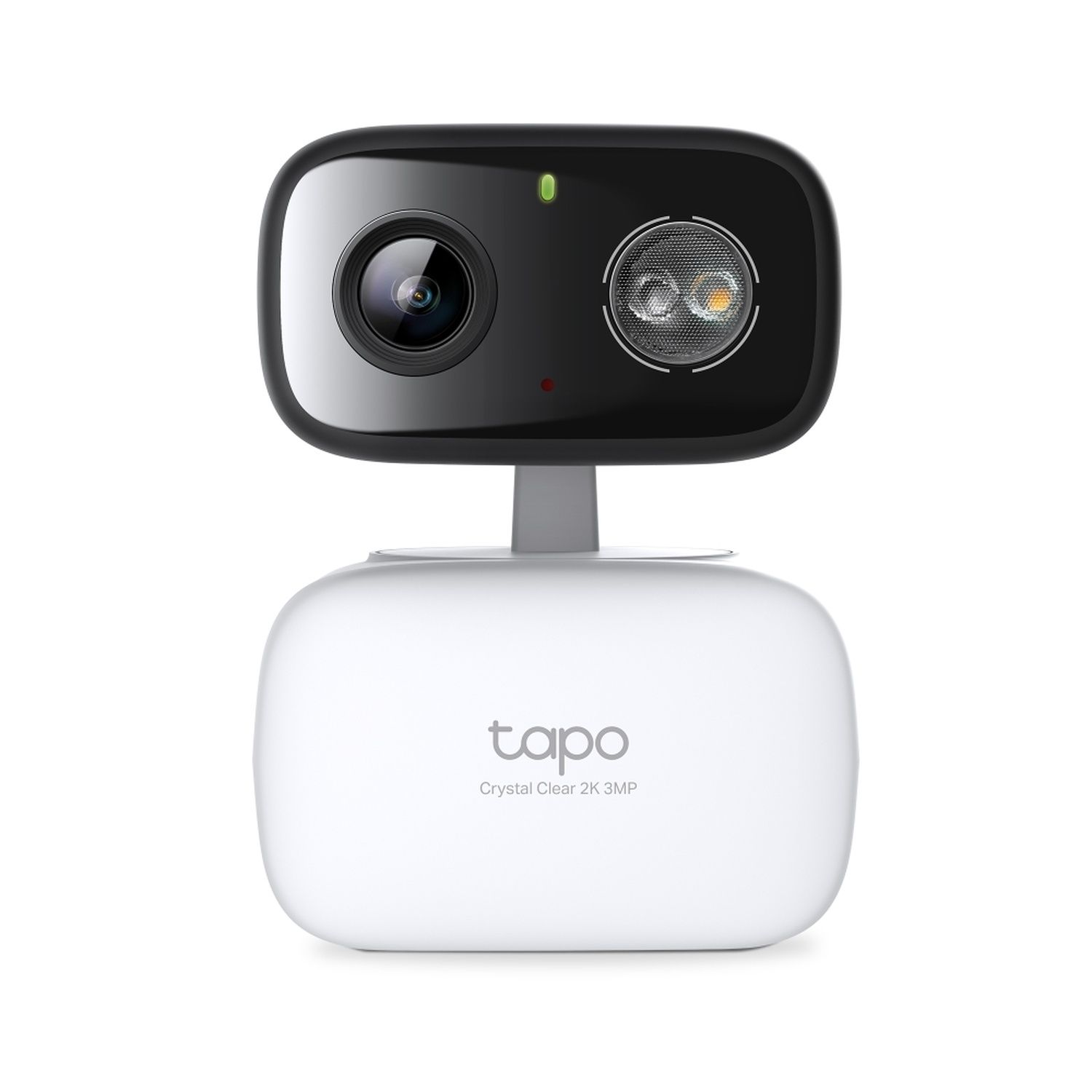 Caméra de sécurité blanche et noire. La caméra a un objectif, des lumières et le mot "tapo" sur le devant. Sur fond blanc.