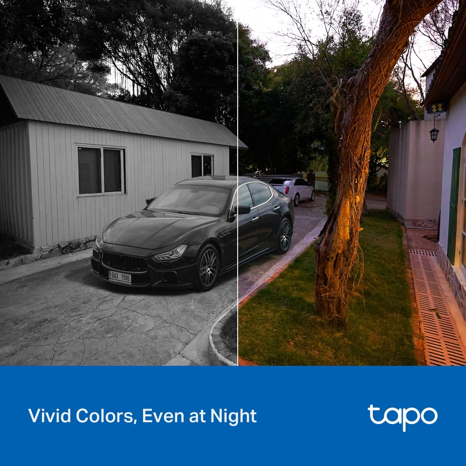 Une voiture dans une allée à côté d'une maison et d'un arbre. L'image est divisée, côté gauche en noir et blanc, côté droit en couleur.