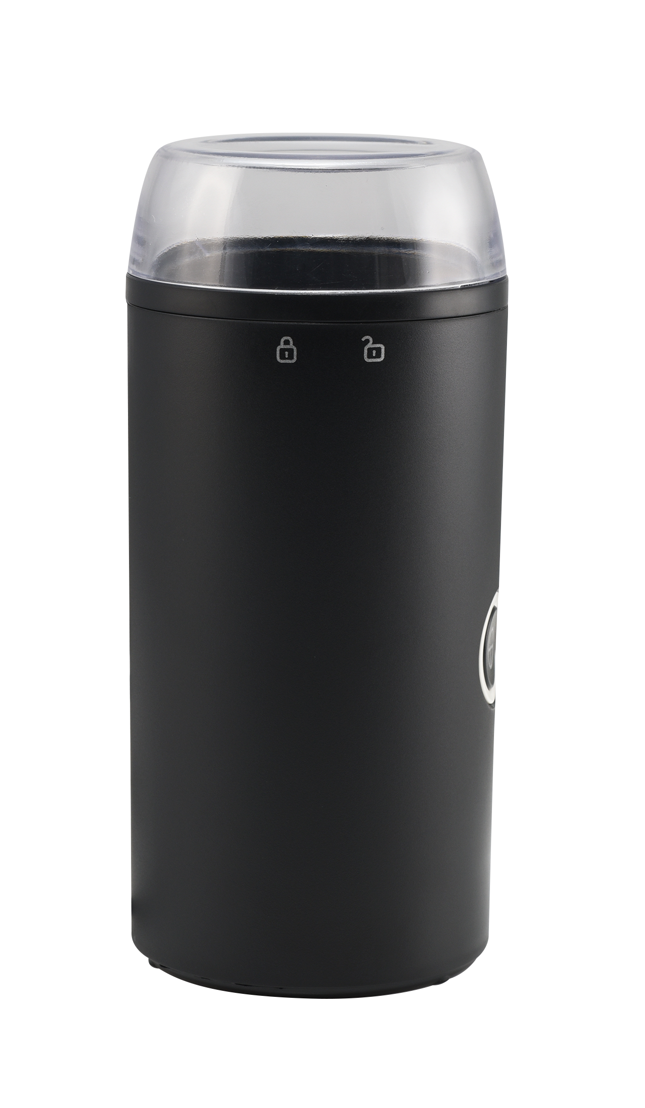 Czarny młynek do kawy z przezroczystą pokrywą. Posiada symbole blokady i odblokowania. Tło jest białe.