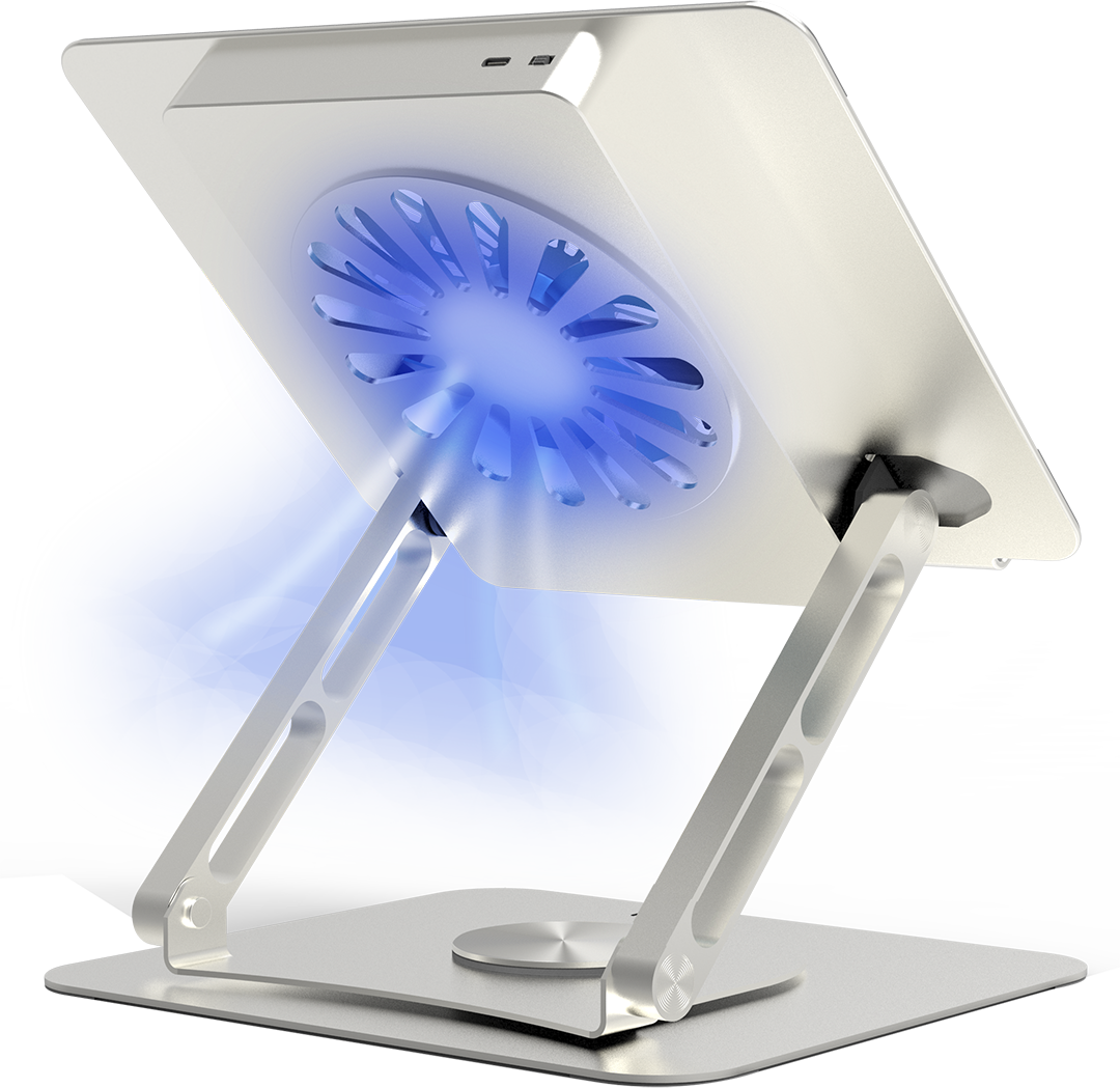 Ezüst laptopállvány beépített ventilátorral. Kék fény árad a ventilátorból. Az állvány szürke felületen van.