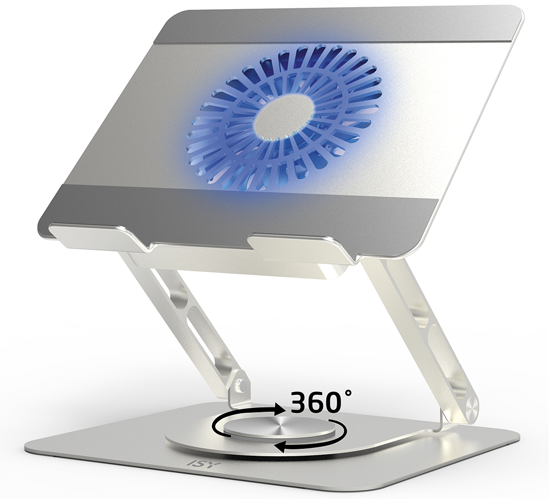 Ezüst laptopállvány kék ventilátorral, 360 fokban forgó alappal és '360°' szöveggel.