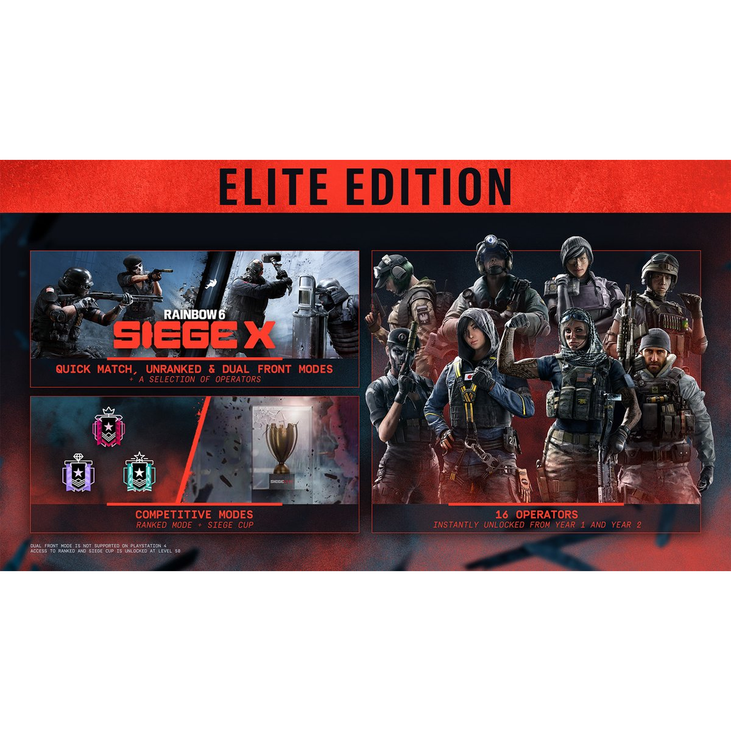 Rainbow Six Siege Elite Edition. Affiche les opérateurs, les modes de jeu et les détails. Inclut le texte: Quick Match, Competitive Modes et 16 Opérateurs.