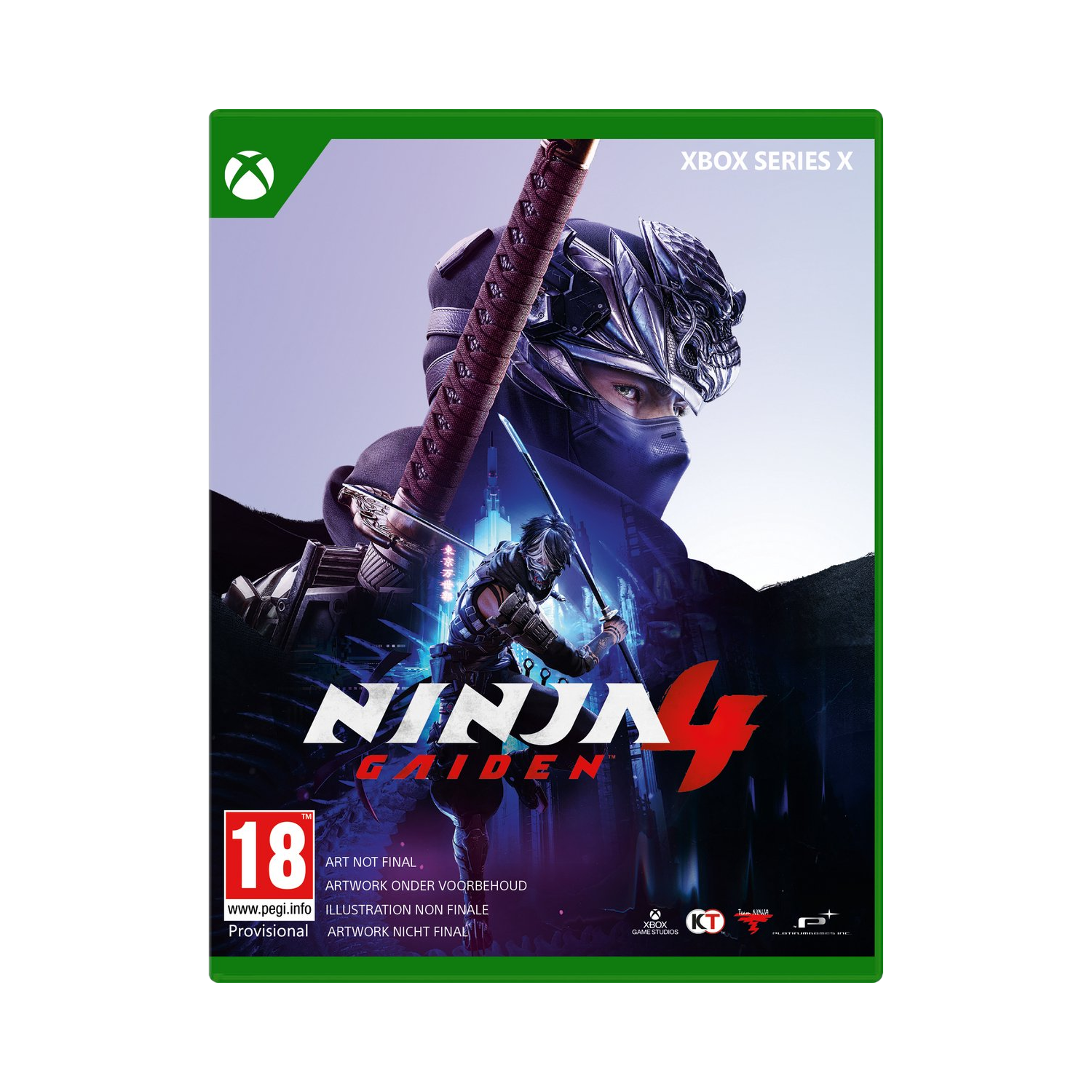Xbox Series X gamebox van Ninja Gaiden 4. Er is een ninja met een zwaard te zien. De box is groen met de titel van het spel en de rating 18.