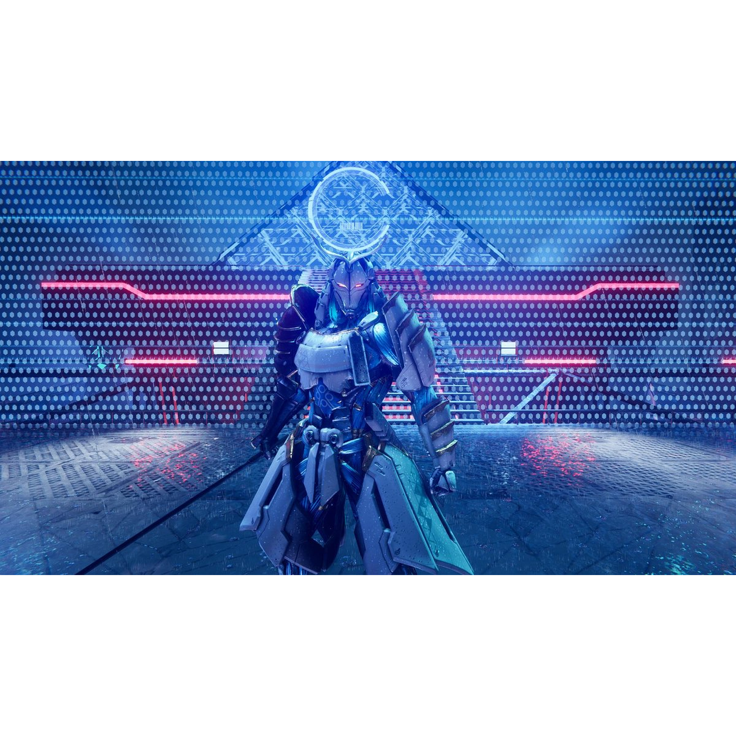 Een futuristische ridder in blauw pantser staat in een neonverlichte kamer. Achtergrond bevat een gloeiende structuur en een rasterpatroon.