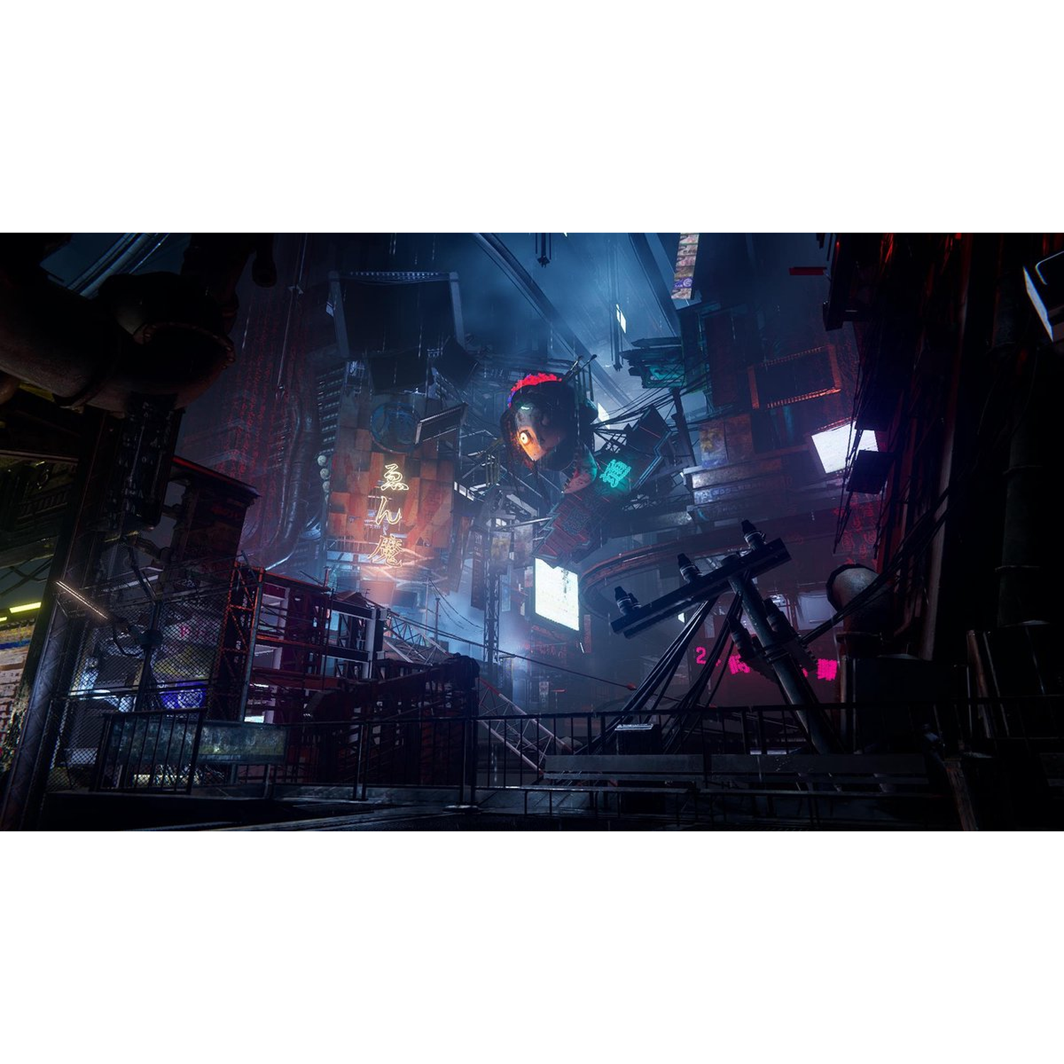 Een cyberpunk stadsgezicht met neonreclame, pijpen en een robothoofd. Rode en blauwe lichten verlichten het stadslandschap.