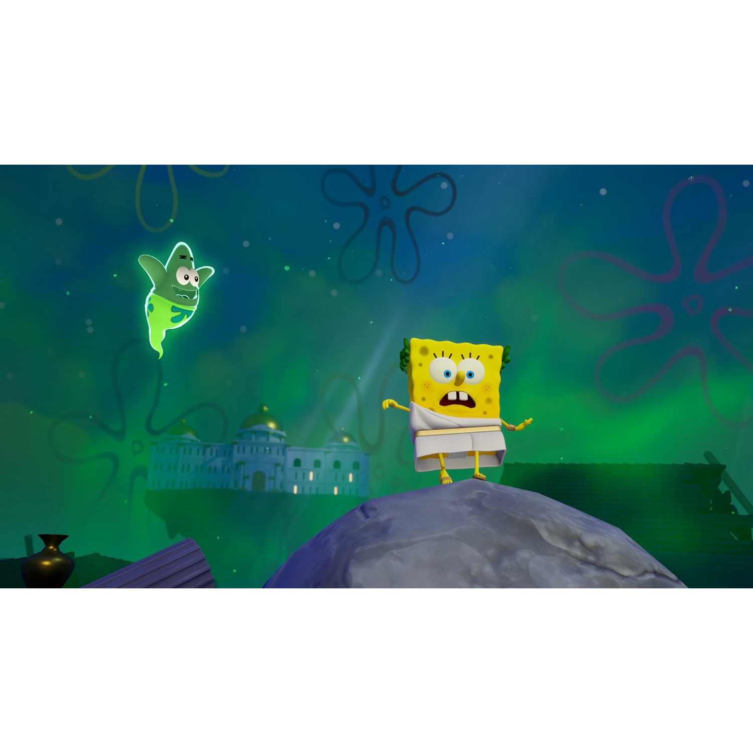 Spongebob in toga op een rots, Patrick als geest. Gebouw en bloemen op de achtergrond, alles in een groene setting.