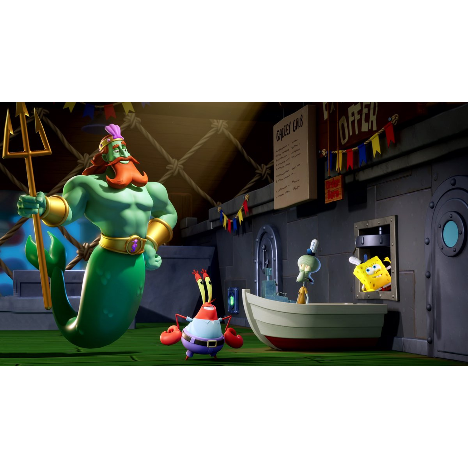 Neptunus, Mr. Krabs, Octo en SpongeBob in een scène. Neptunus houdt een drietand vast. Mr. Krabs staat, Octo in een boot, SpongeBob in een raam.