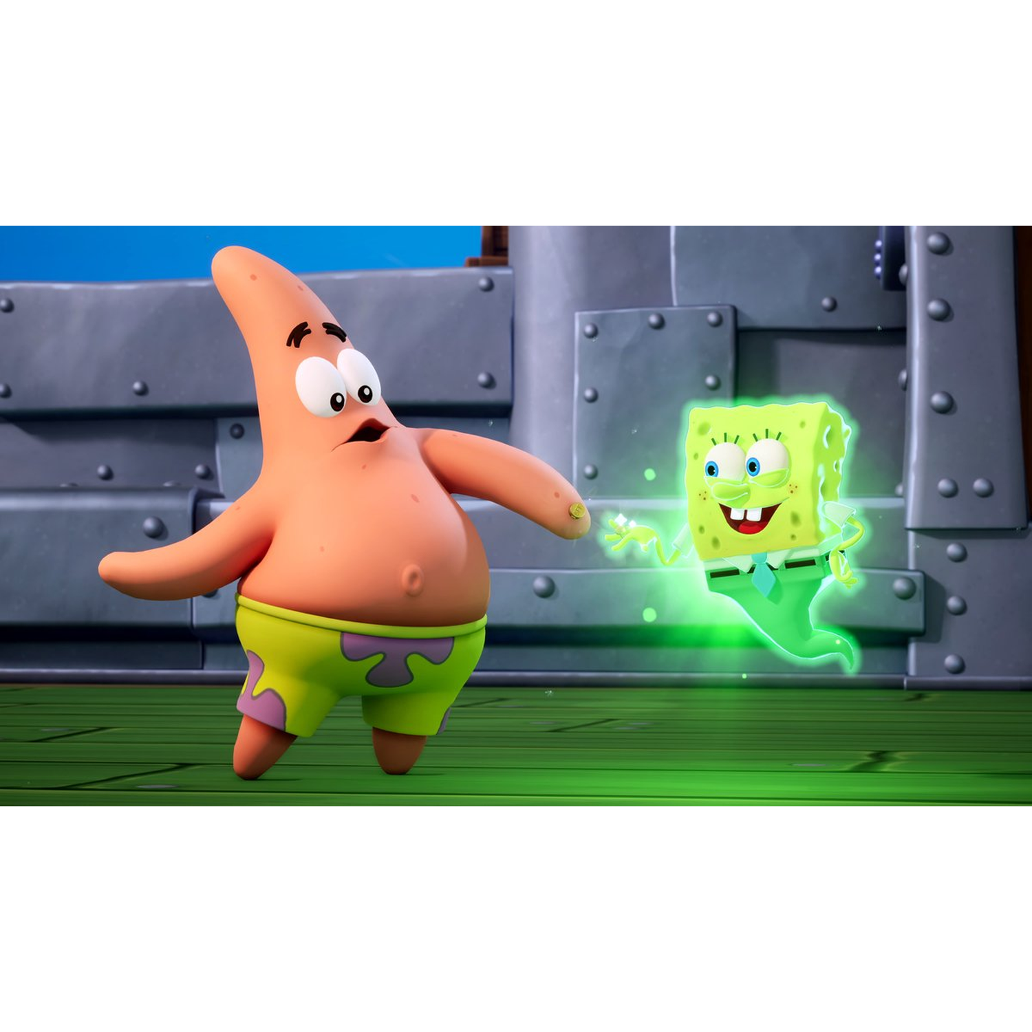 Patrick Star kijkt verrast naar een gloeiende geest van Spongebob. Patrick draagt een groene korte broek. Spongebob gloeit.
