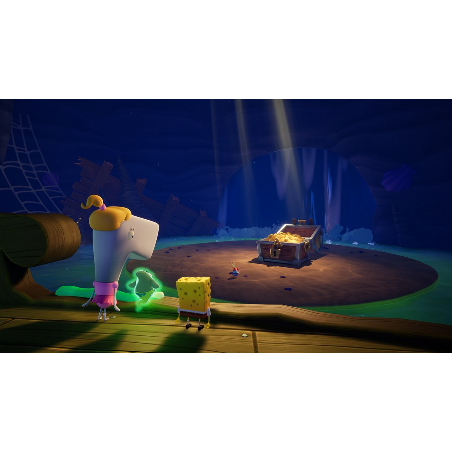 Pearl en SpongeBob staan op hout. Een schatkist staat op een platform, met een groene gloed in de buurt. De achtergrond is een donkere grot.