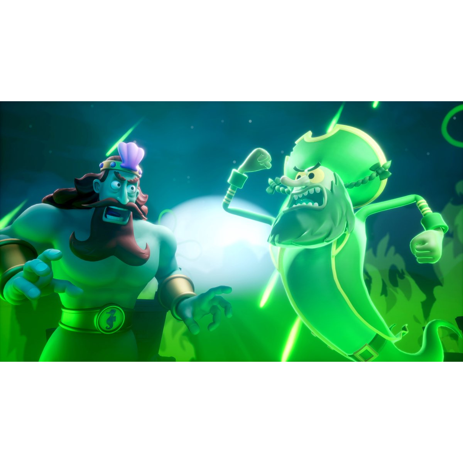 Twee cartoonfiguren staan tegenover elkaar. De ene is een gespierde man met een baard, de andere een groene spookpiraat met een hoed. Groene energie omringt hen.