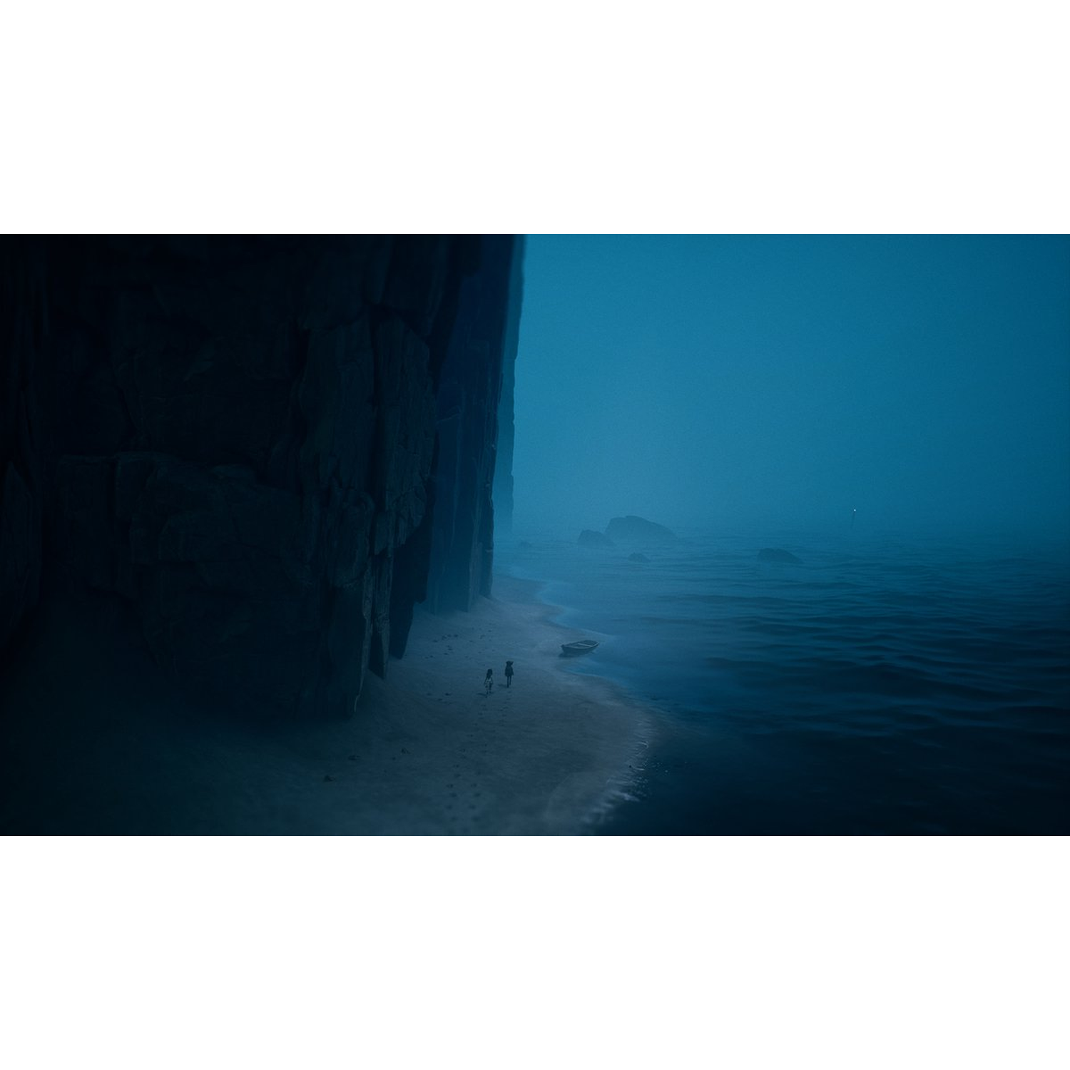 Two figures walk on a beach towards the sea. A boat sits on the sand. A large rock formation is on the left.