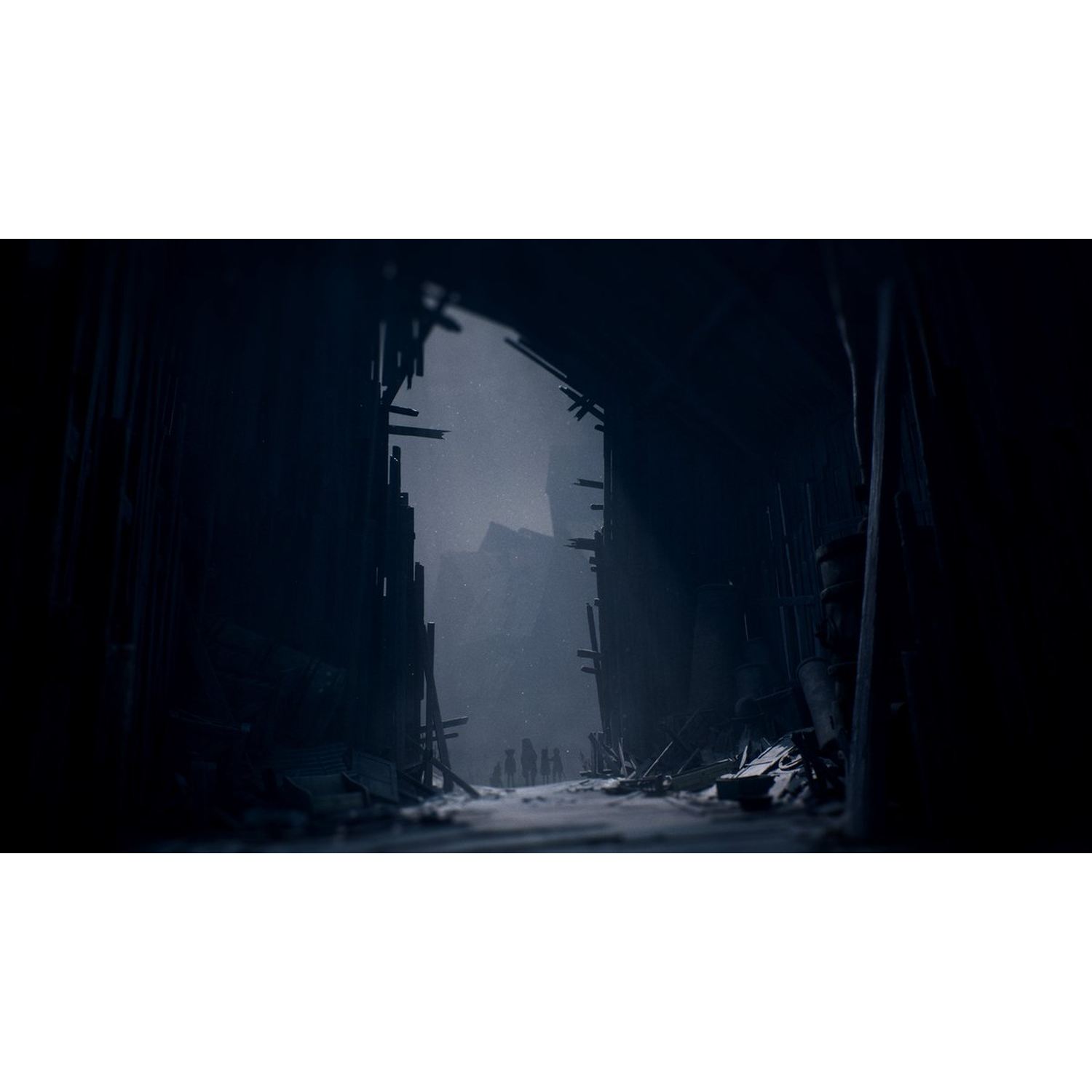 A dark alley leads to a snowy scene. Dilapidated structures frame the path. Figures stand in the distance.