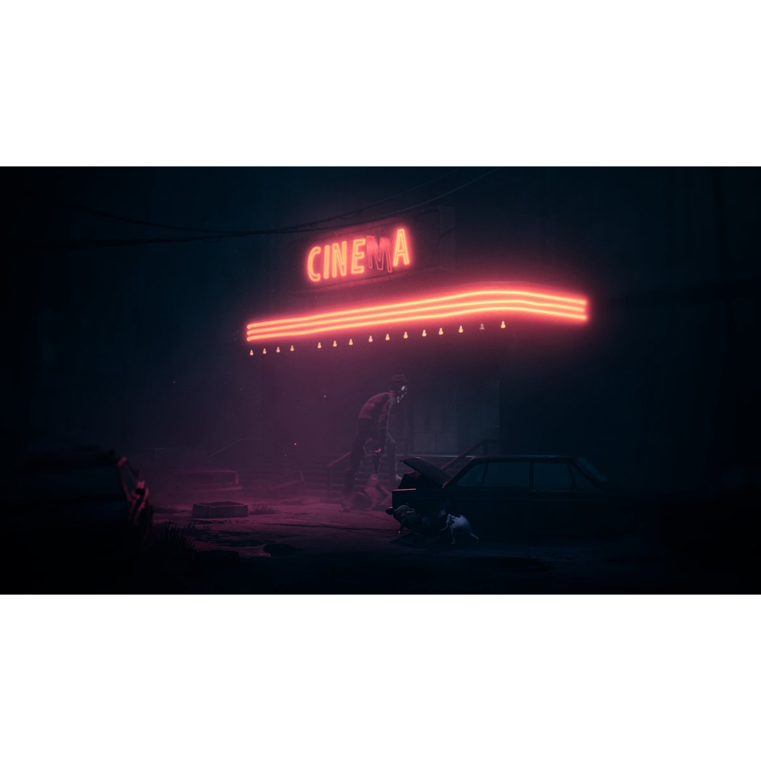 Neonbord leest CINEMA. Een persoon staat bij een auto met een open motorkap. De scène is donker en sfeervol met hints van rood.