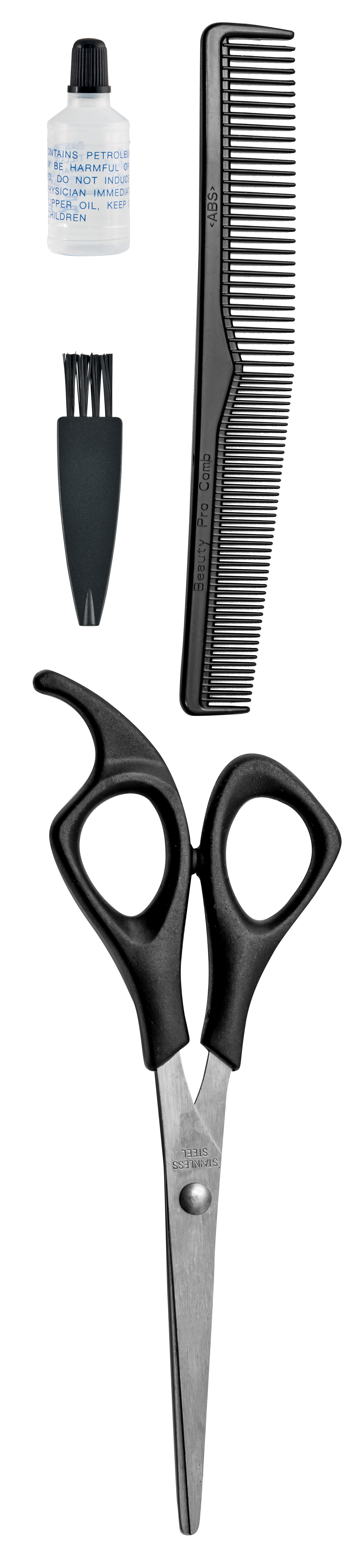 Obrazek przedstawia narzędzia do strzyżenia włosów: nożyczki, grzebień, szczotkę i butelkę oleju, wszystko na czarnym tle.