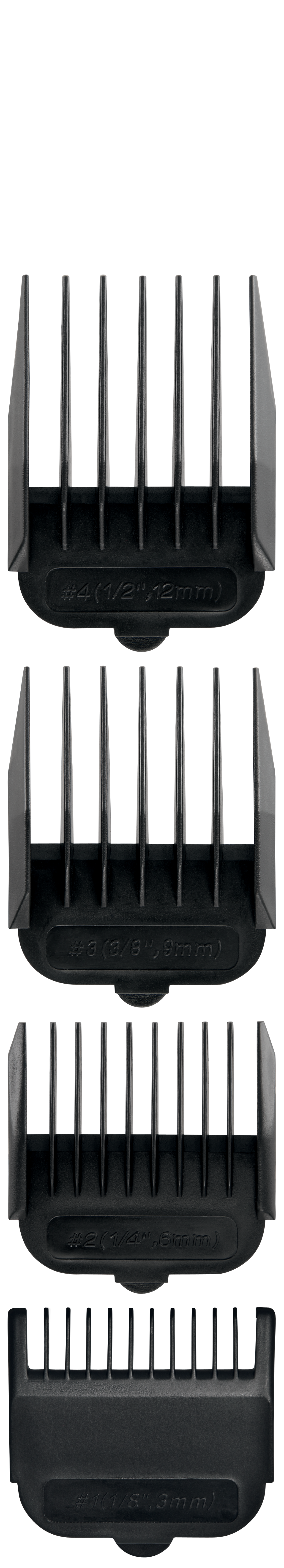 Cztery czarne nakładki do maszynki do strzyżenia o różnych długościach ułożone pionowo, oznaczone #4, #3, #2 i #1.