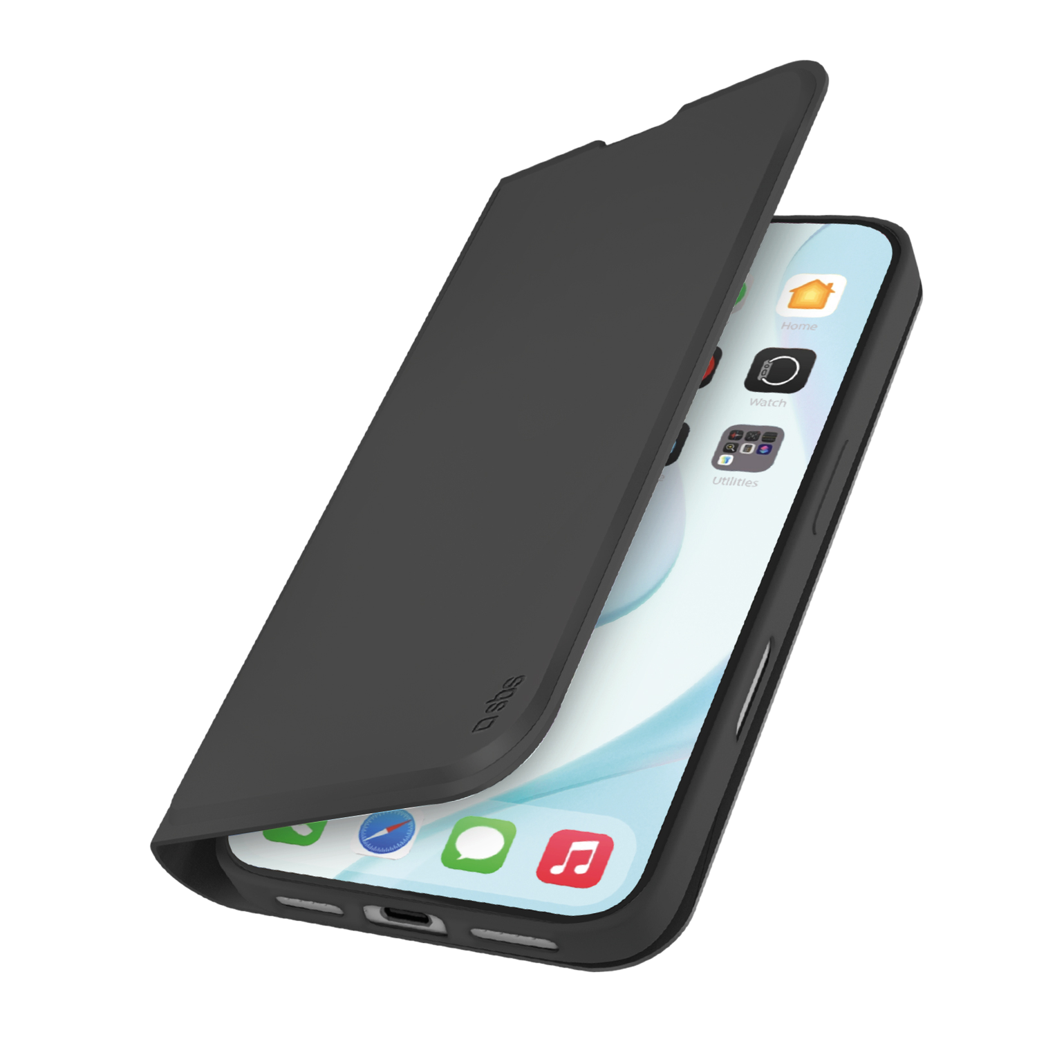 Zwarte iPhone in een zwarte flipcase, gedeeltelijk open. Het scherm toont app-iconen tegen een lichte achtergrond.