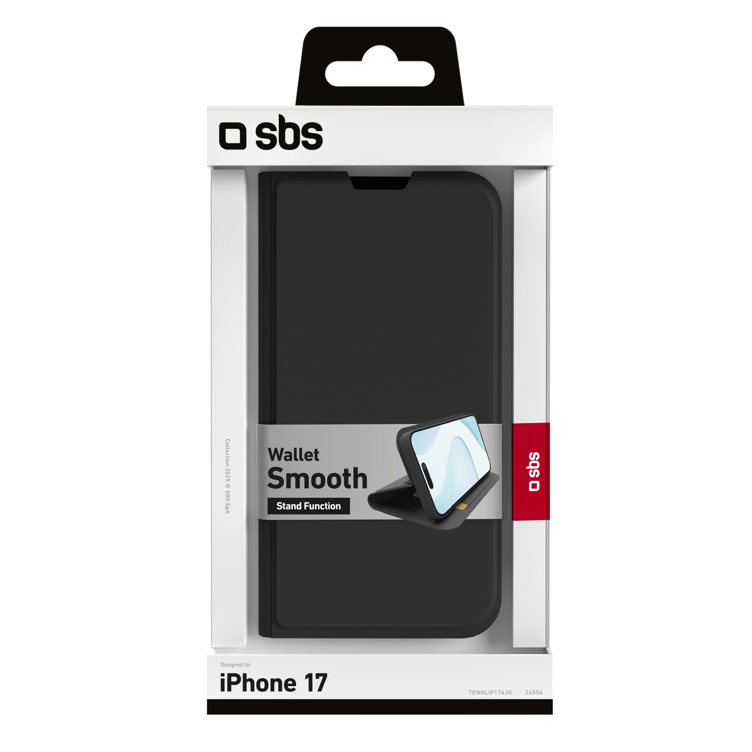 Zwarte iPhone 17 wallet case in verpakking, met telefoonafbeelding aan de zijkant. Verpakking toont 'sbs' logo en 'Wallet Smooth'.