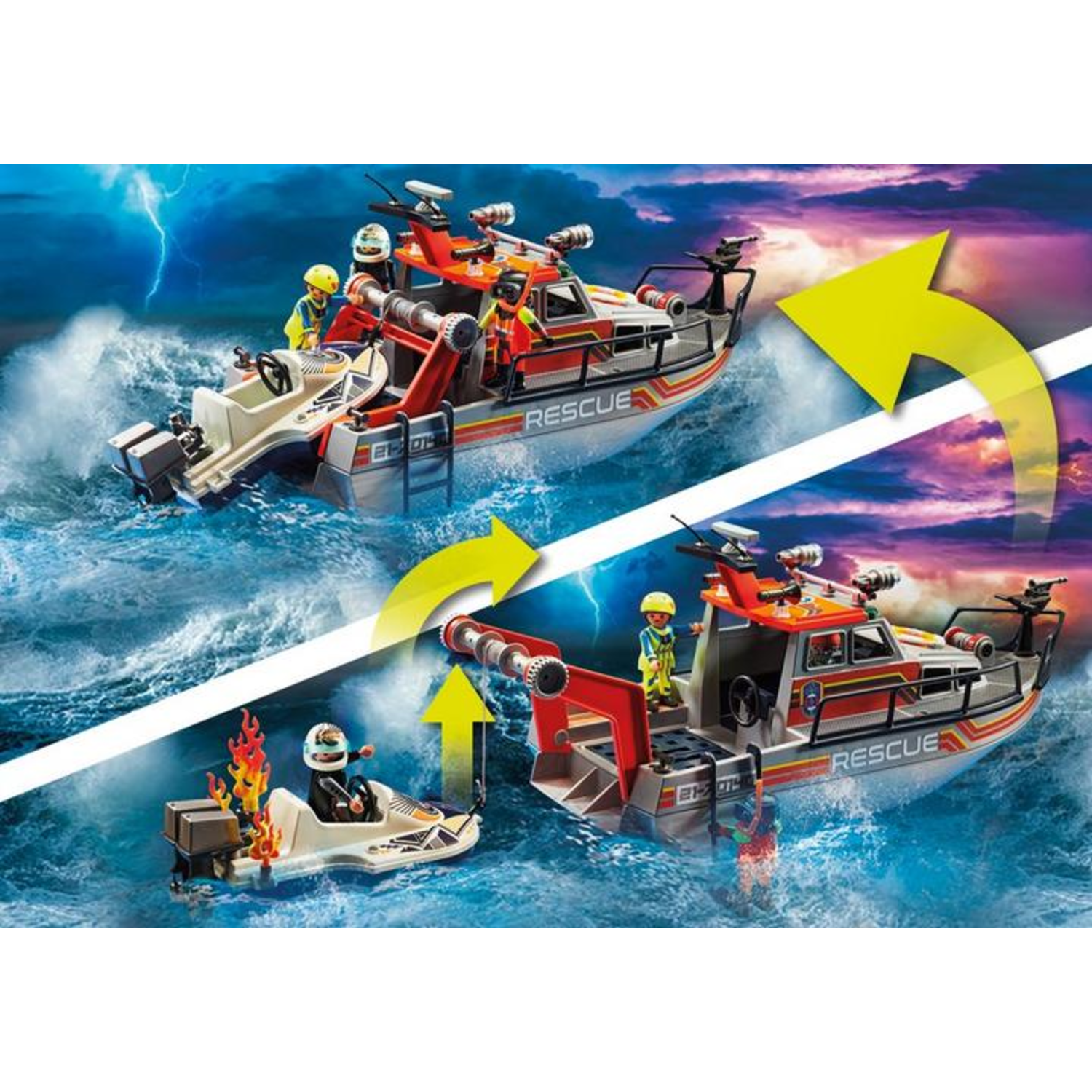 Een speelgoedreddingsboot met figuren navigeert op een ruwe zee. Een kleinere boot met vlammen is ook aanwezig. Gele pijlen geven beweging aan.