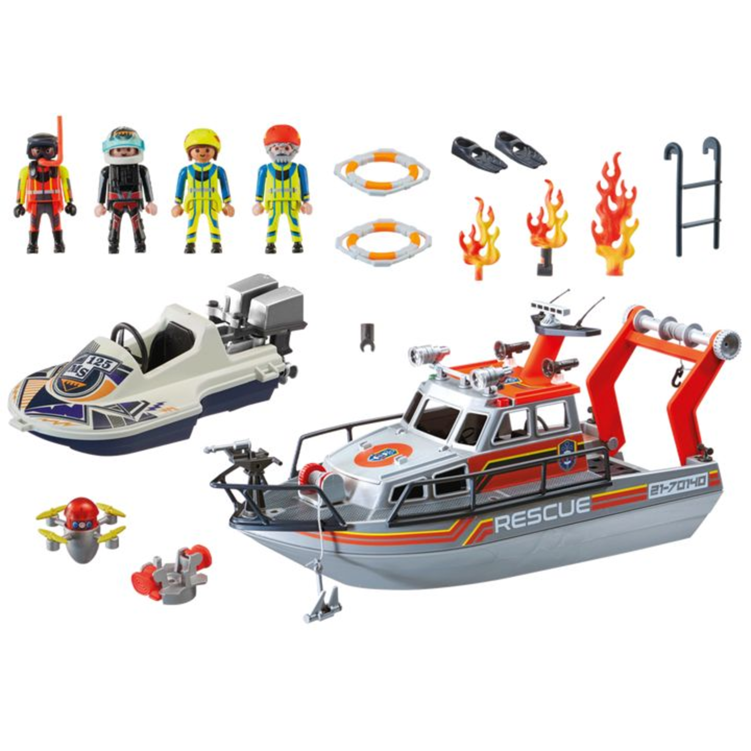 Speelgoedreddingsboot met figuren, reddingsringen, vlammen en accessoires. Er zijn ook een kleine boot en figuren aanwezig.