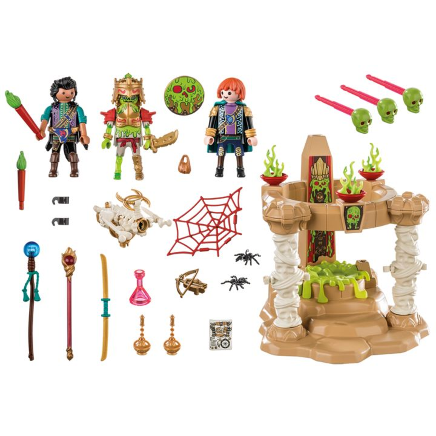 Een Playmobil-set met figuren, wapens en een basis. Bevat figuren, een spinnenweb, schedels en een gebouw met groen slijm.