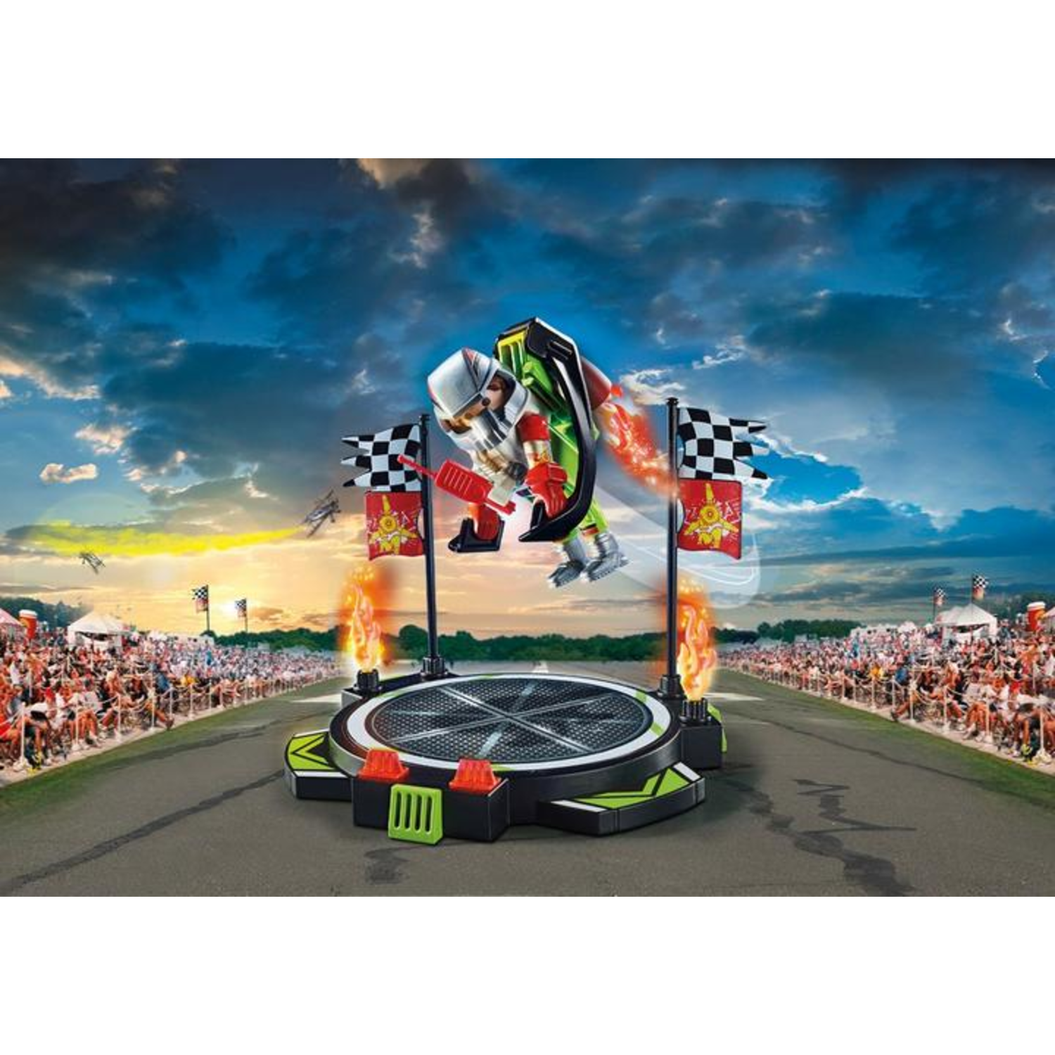A toy figure with a jetpack flies over a race track, flanked by checkered flags. Crowds watch under a cloudy sky.