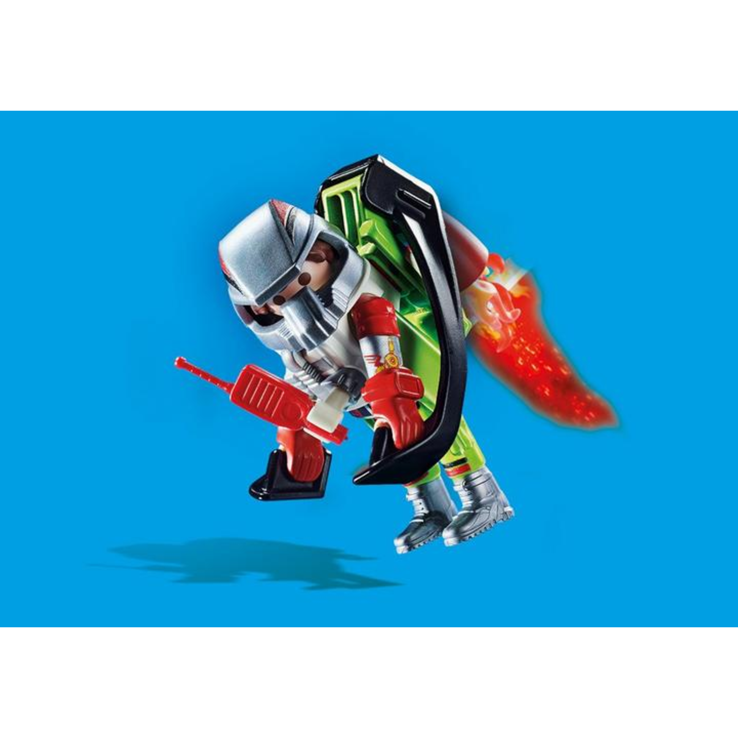 A toy astronaut with a silver helmet, red gloves, and boots, holding a red device, with a rocket pack on a blue background.