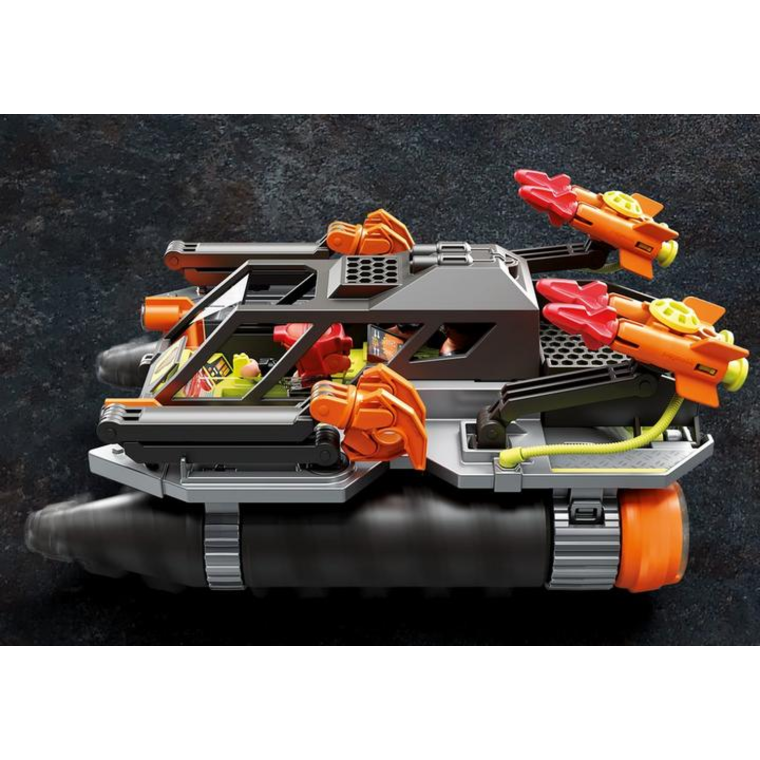 A toy vehicle with rockets and missile launchers. Features orange and red accents, and black and grey components.