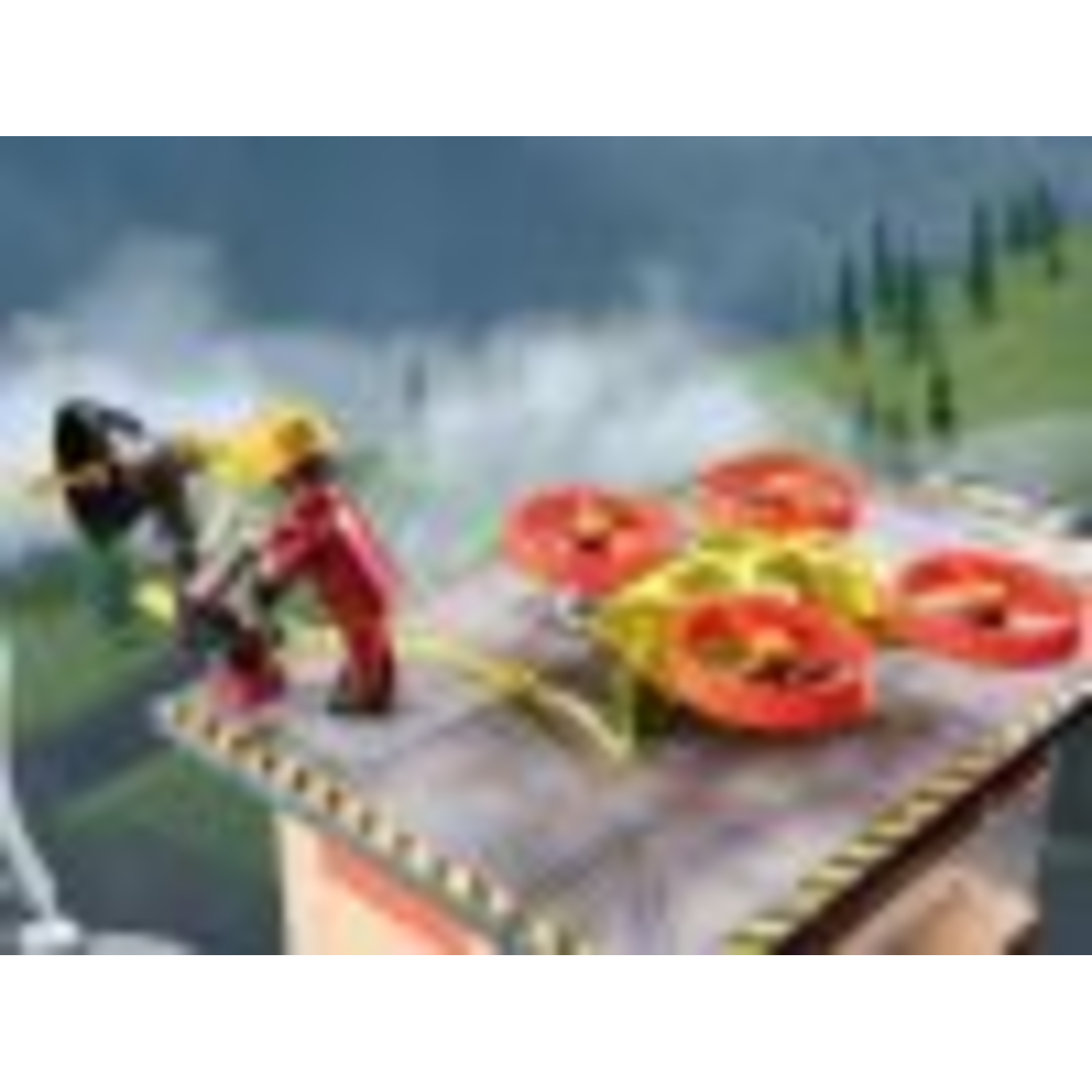 Toy figures on a platform with drones. One figure in red is operating a device. Background includes mountains and sky.