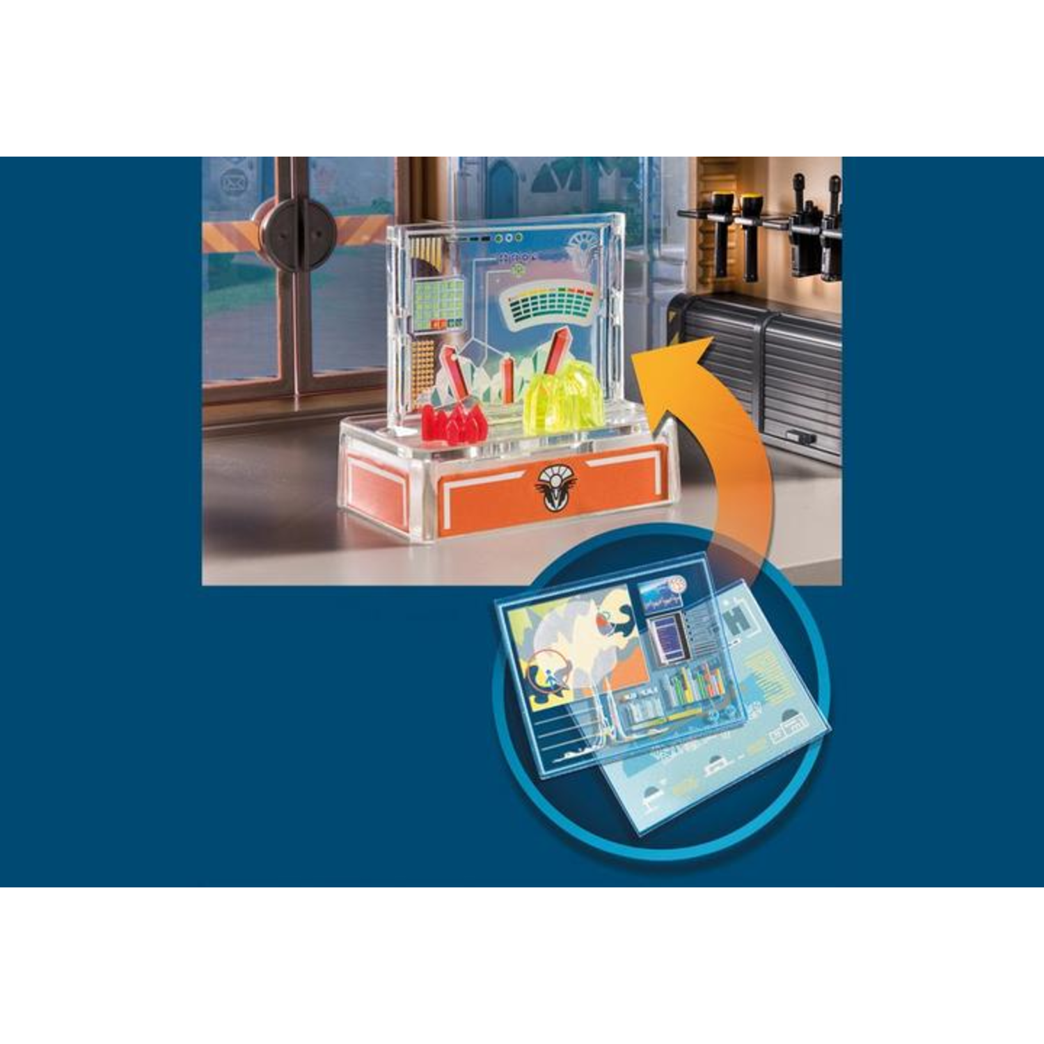 A clear, orange-based device with red and yellow elements. An arrow points to a circular image.