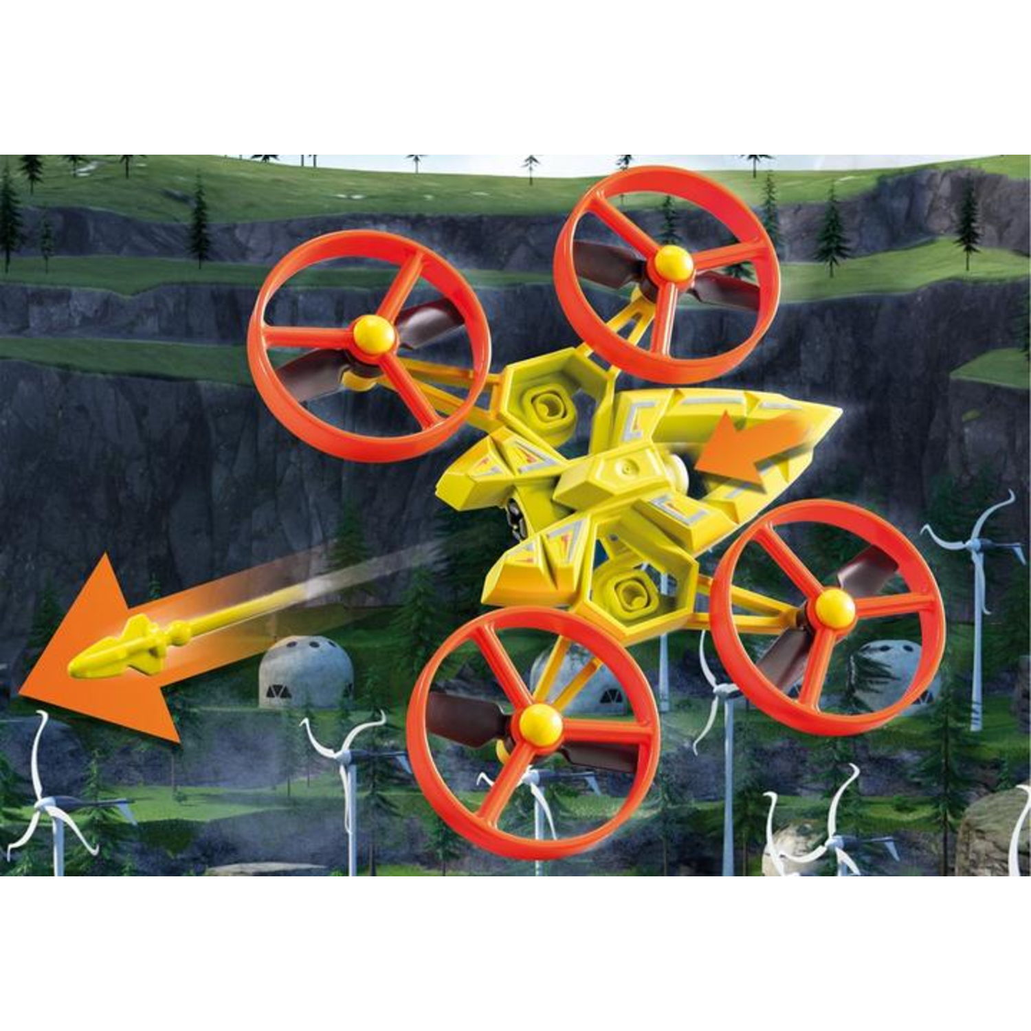 A yellow drone with orange propellers flies. An arrow shows its path. Background includes trees, cliffs, and wind turbines.
