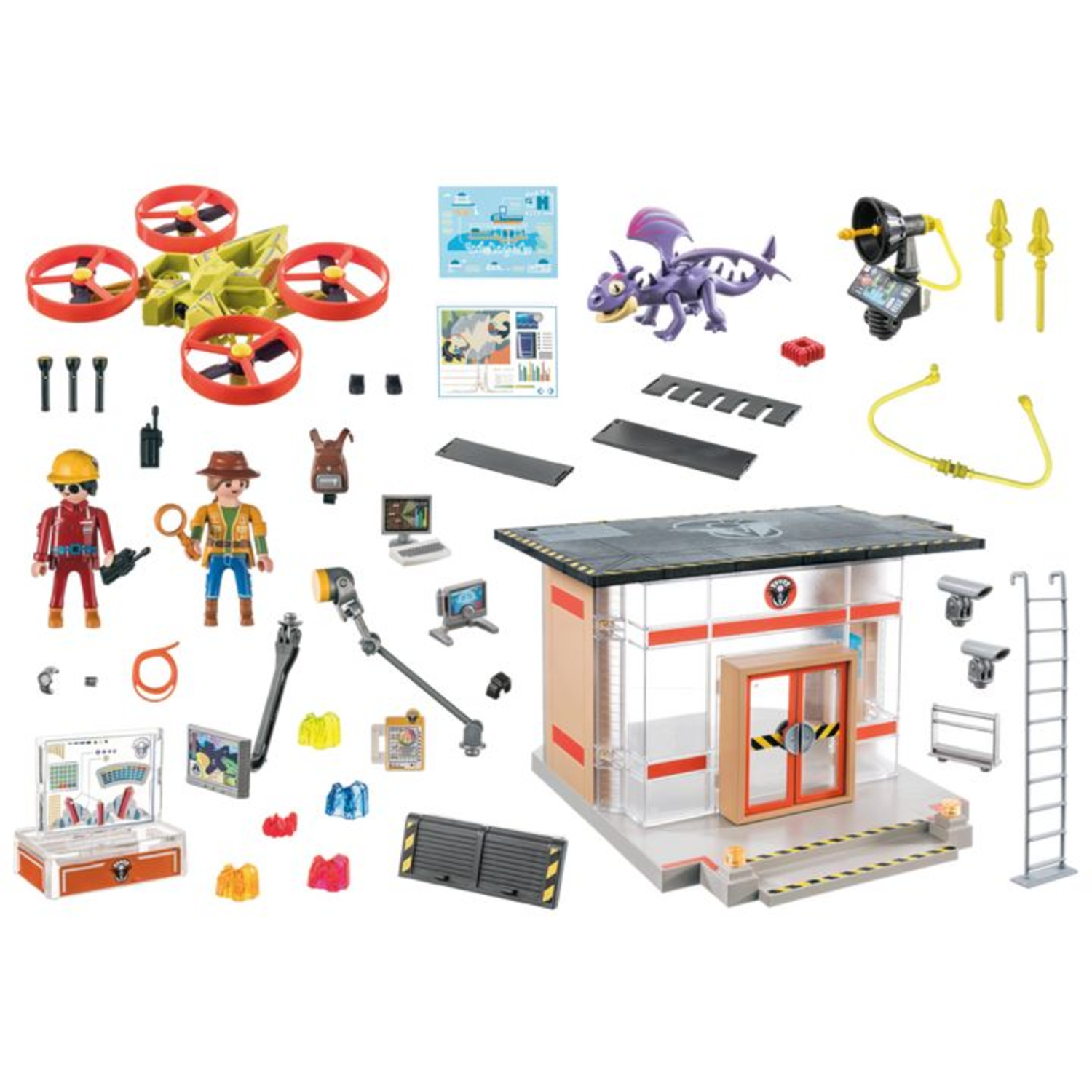 A toy playset with various figures, drone, building, and accessories. Figures include a firefighter, and a dragon. Building has a door.