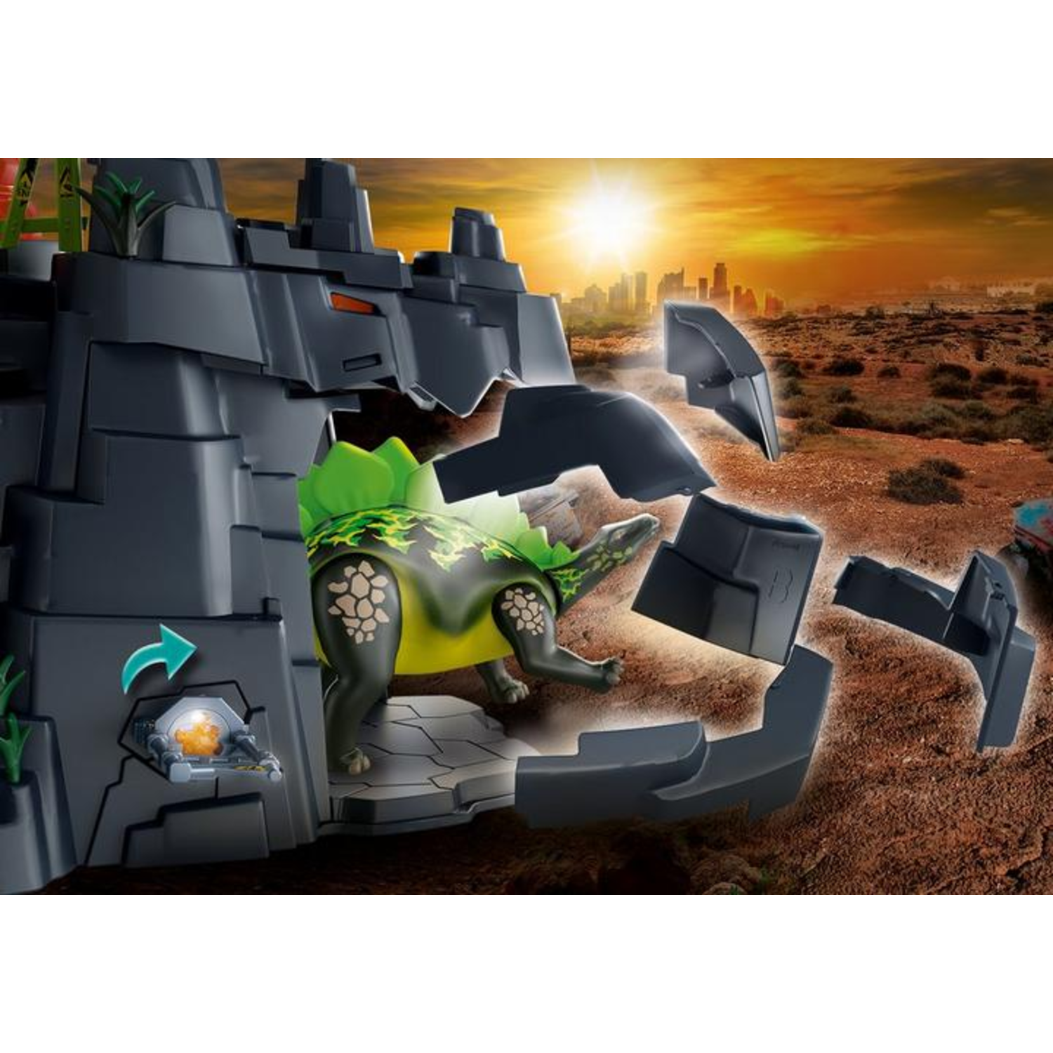 A toy dinosaur stands in front of a rock formation. The background shows a city at sunset. The rock formation is breaking apart.